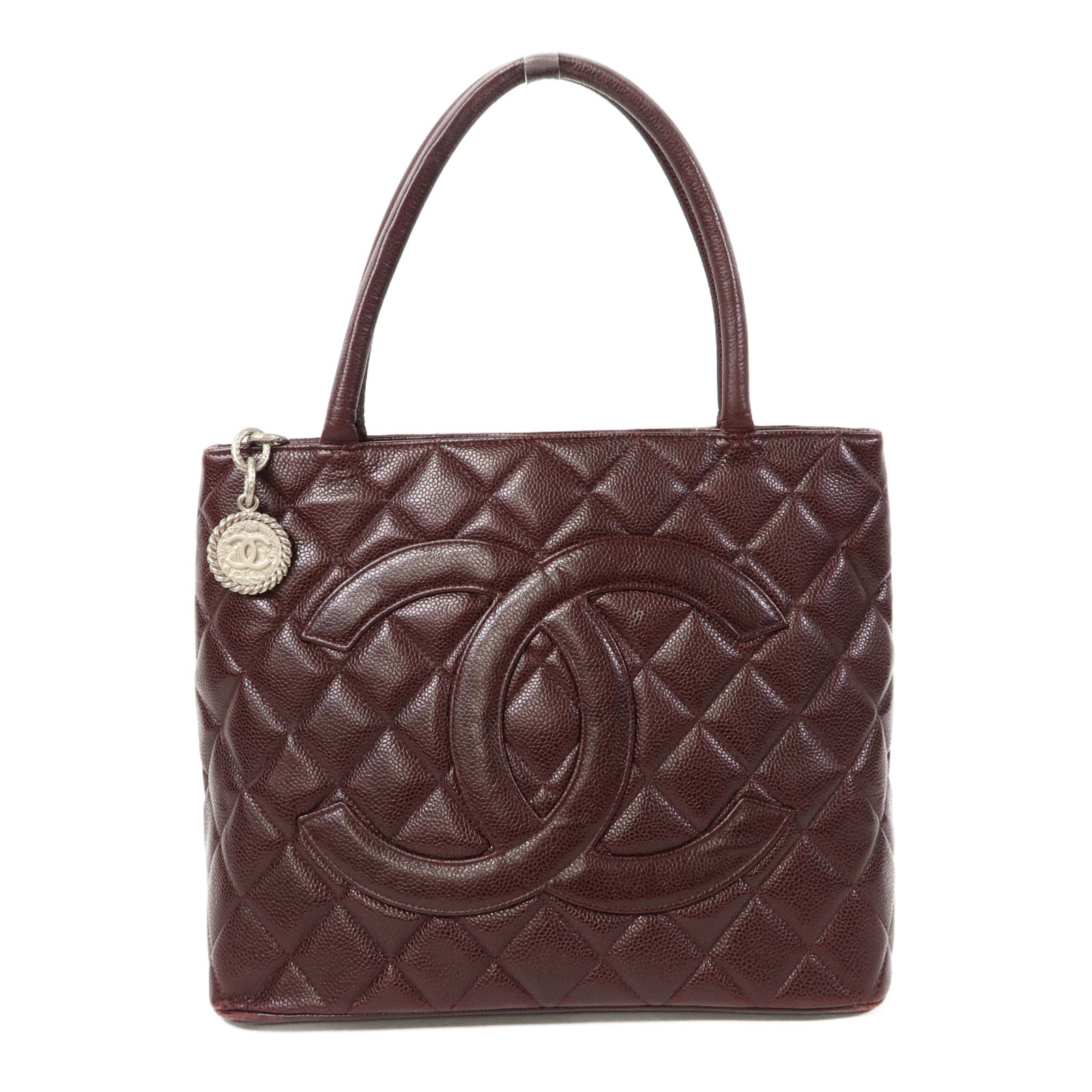 CHANEL 【激減優惠】菱格牛皮皮革Handbag銀扣手挽袋酒紅色