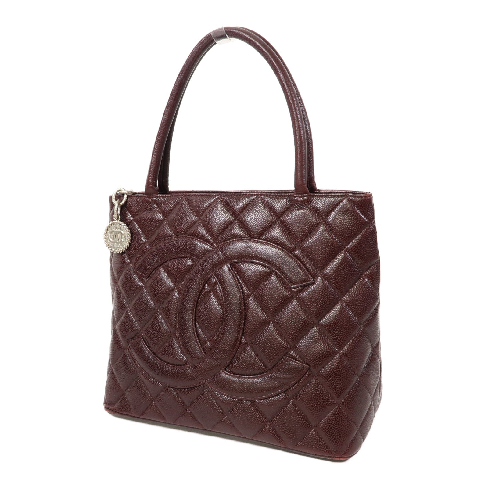 CHANEL 【激減優惠】菱格牛皮皮革Handbag銀扣手挽袋酒紅色