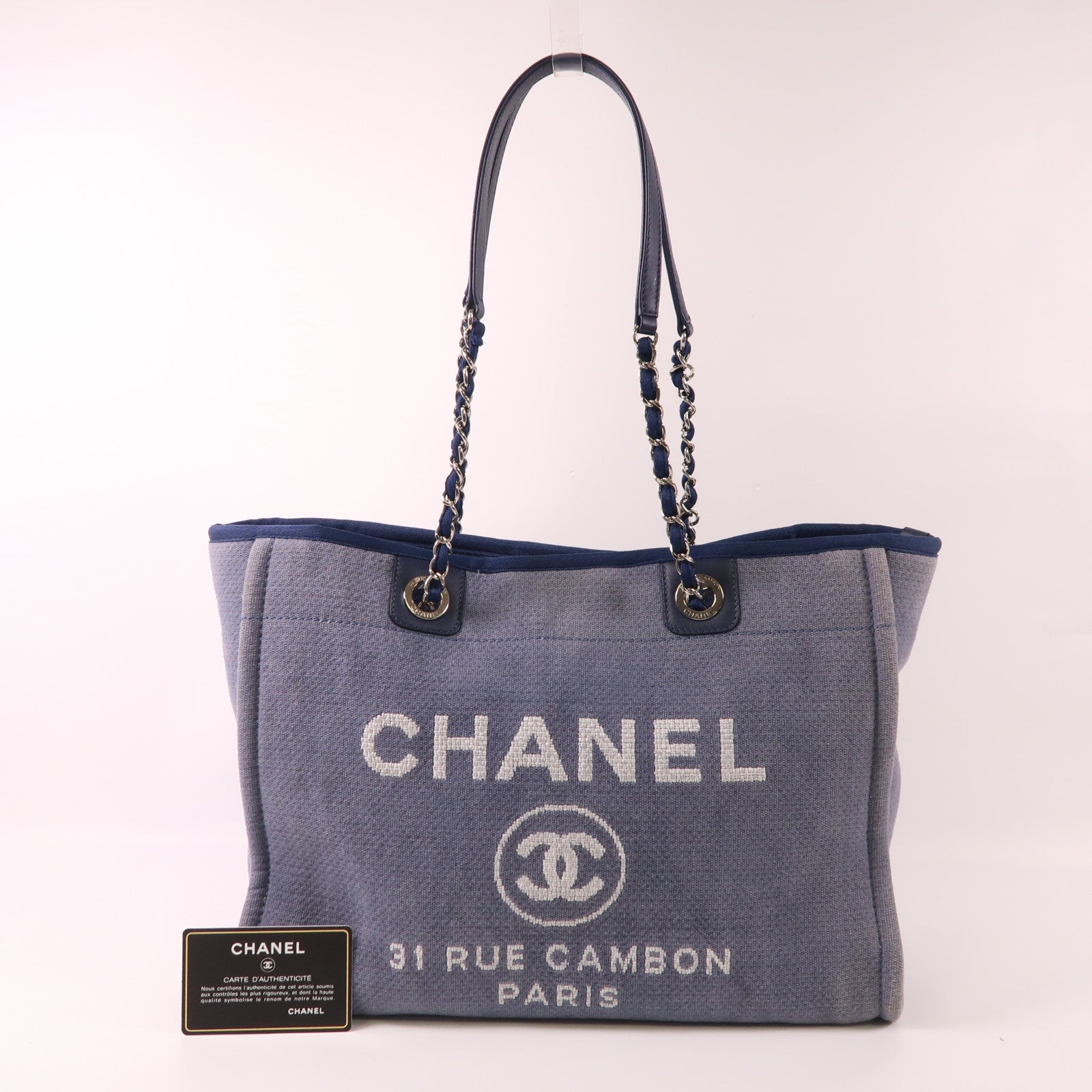 CHANEL 帆布Deauville Tote銀扣肩背袋