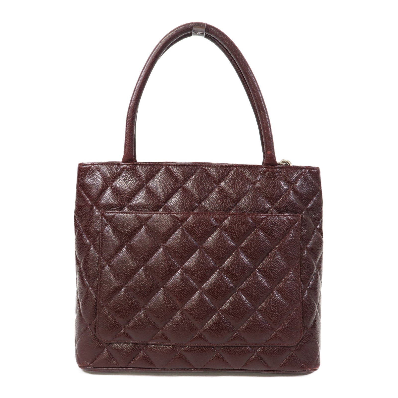 CHANEL 【激減優惠】菱格牛皮皮革Handbag銀扣手挽袋酒紅色
