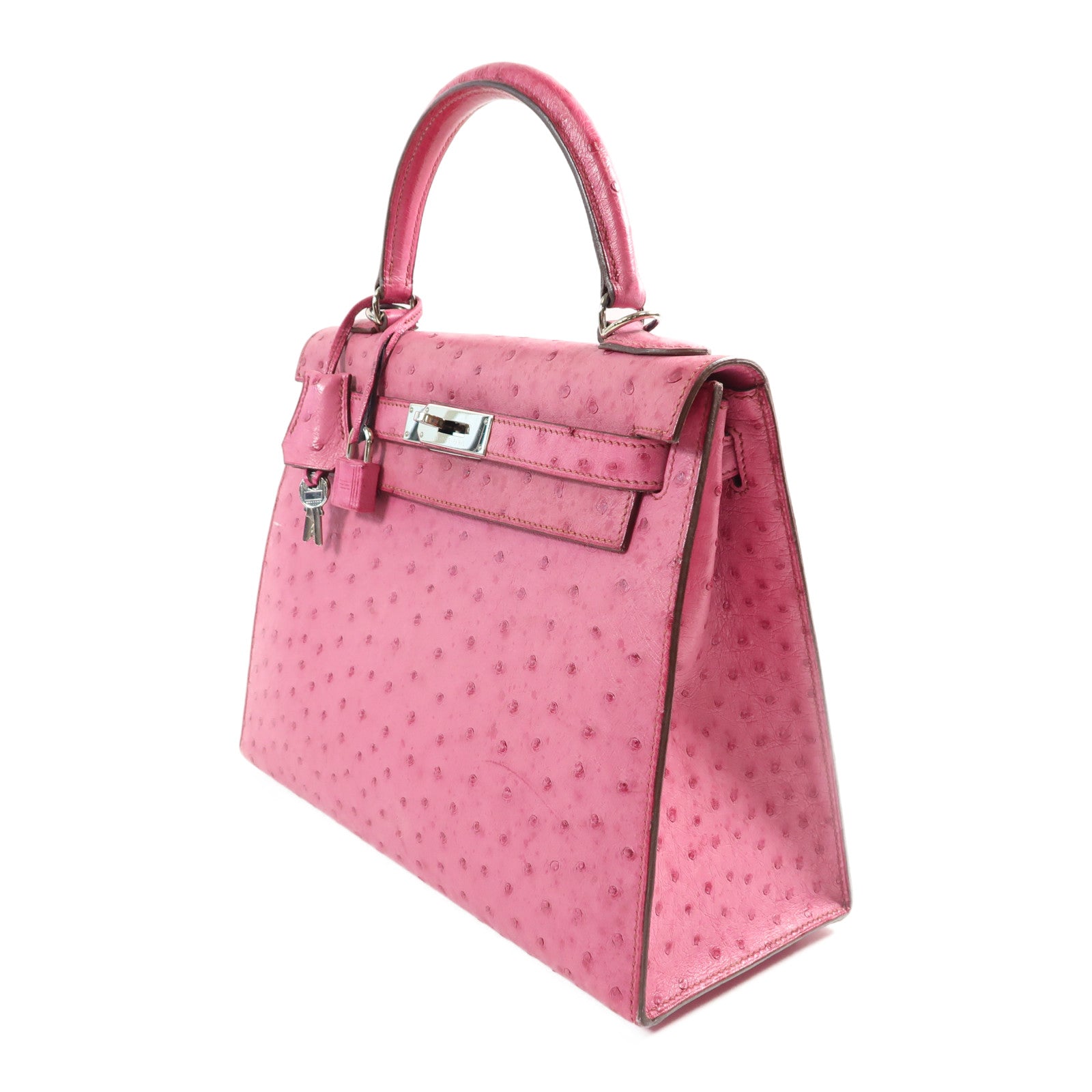 HERMES 【激減優惠】鴕鳥皮革Kelly 28銀扣手挽袋Fuchsia Pink