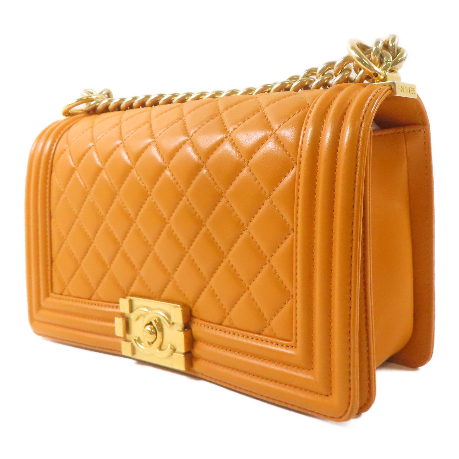 CHANEL 羊皮皮革Boy 25金扣鏈帶肩背袋橙色