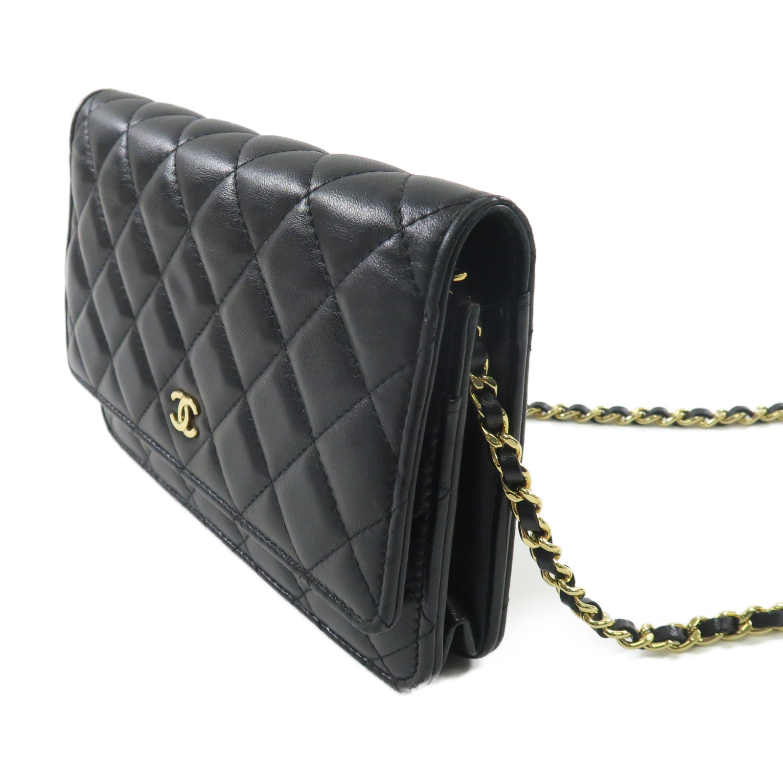 CHANEL 羊皮皮革Wallet On Chain金扣鏈帶肩背袋黑色