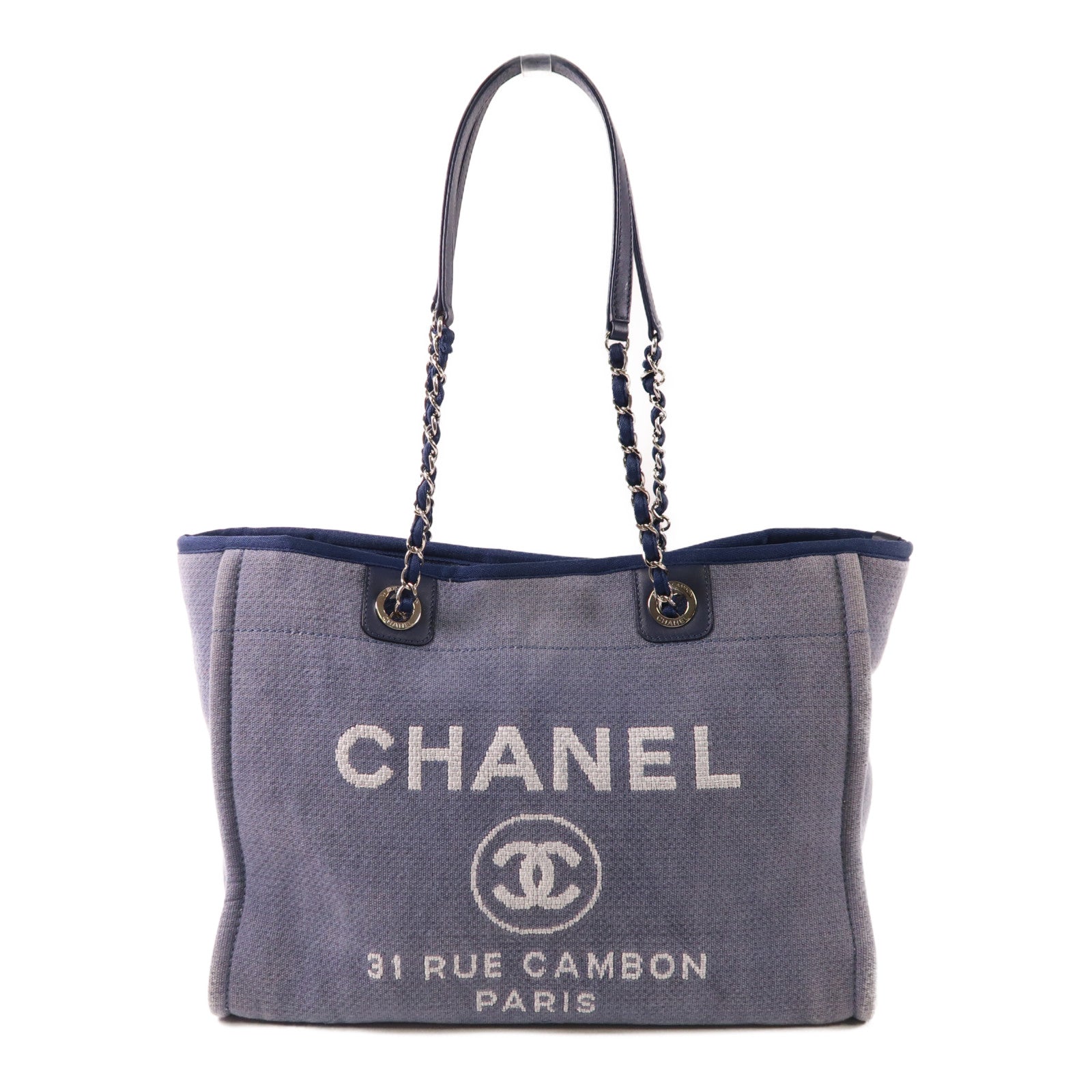 CHANEL 帆布Deauville Tote銀扣肩背袋
