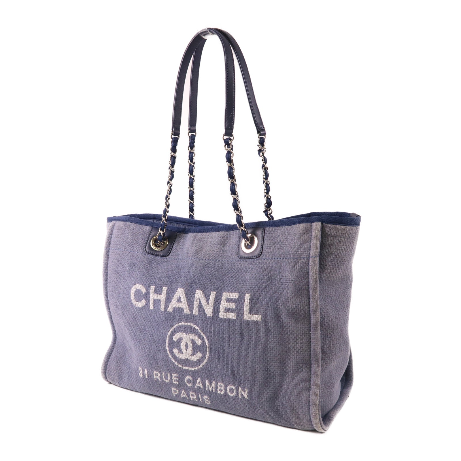 CHANEL 帆布Deauville Tote銀扣肩背袋