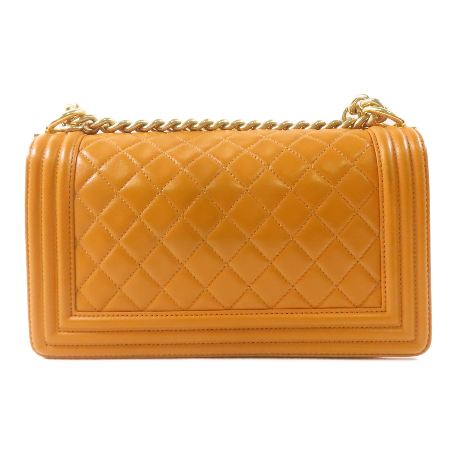 CHANEL 羊皮皮革Boy 25金扣鏈帶肩背袋橙色