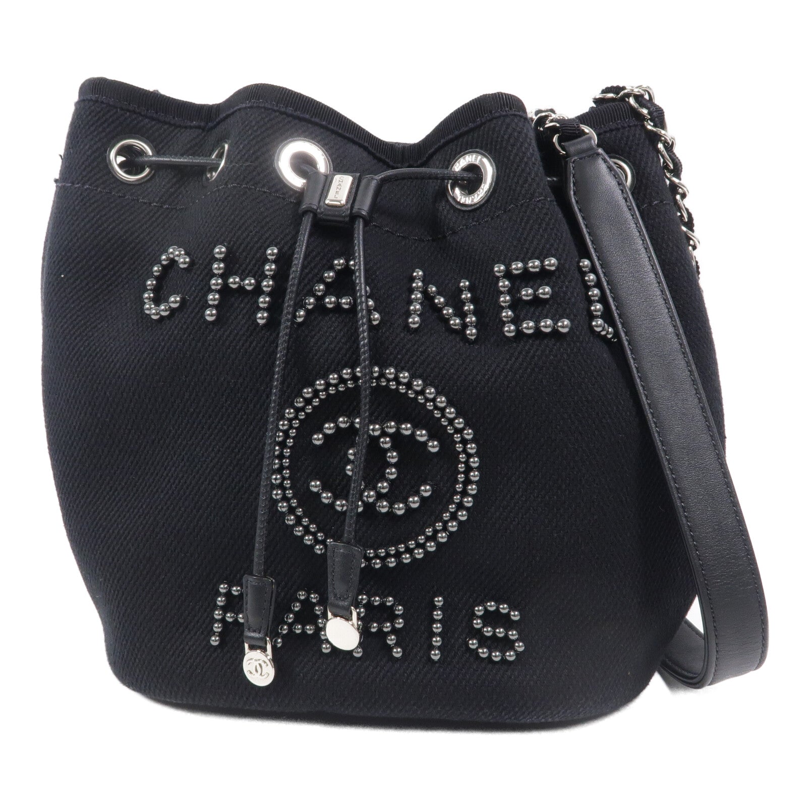 CHANEL 帆布Deauville Drawsting Bucket鏈帶肩背袋