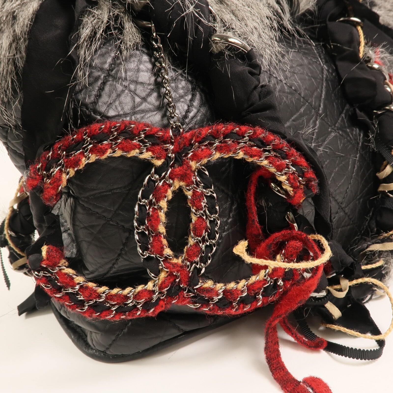 CHANEL 牛皮皮革/棉質Chain Shoulder銀扣肩背袋
