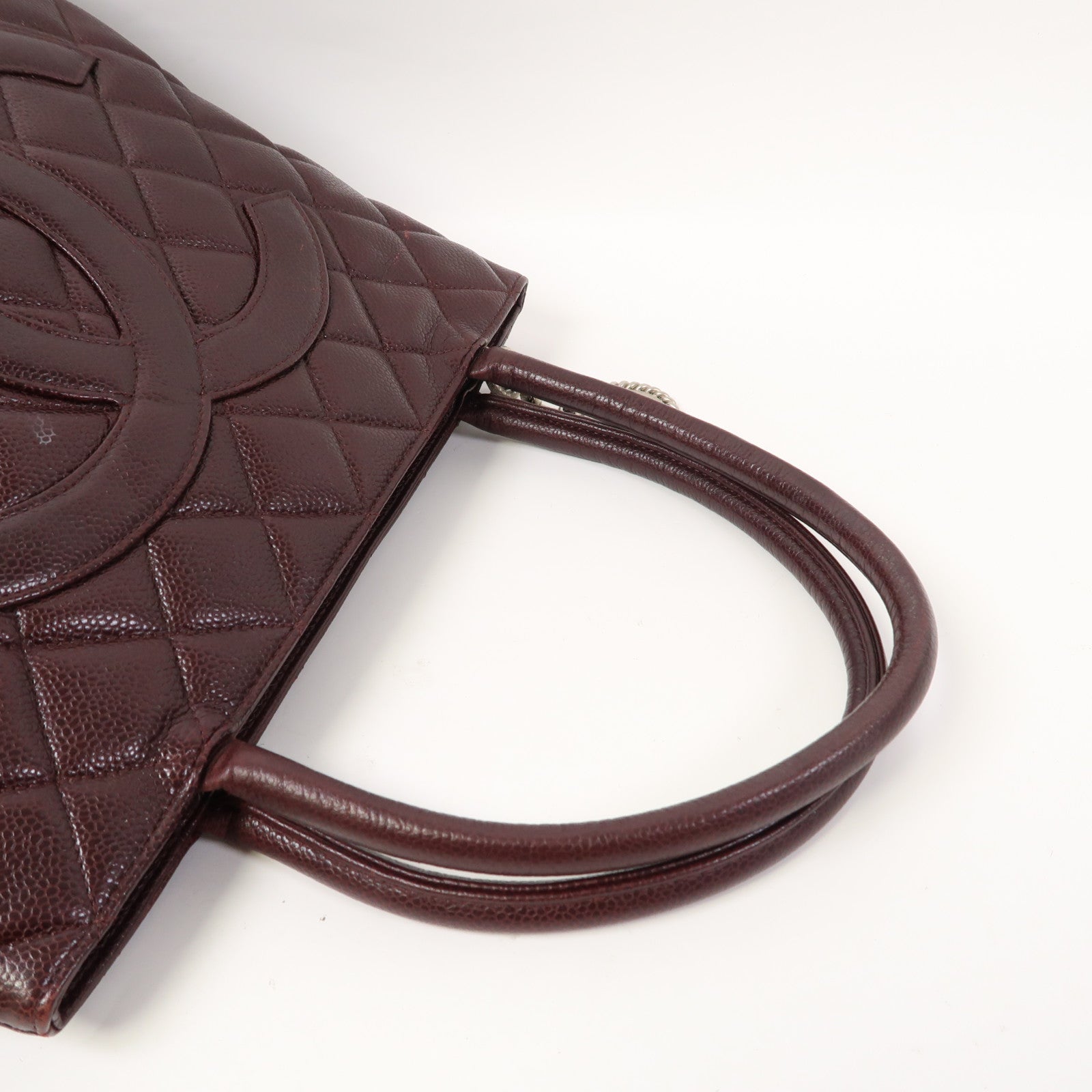 CHANEL 【激減優惠】菱格牛皮皮革Handbag銀扣手挽袋酒紅色
