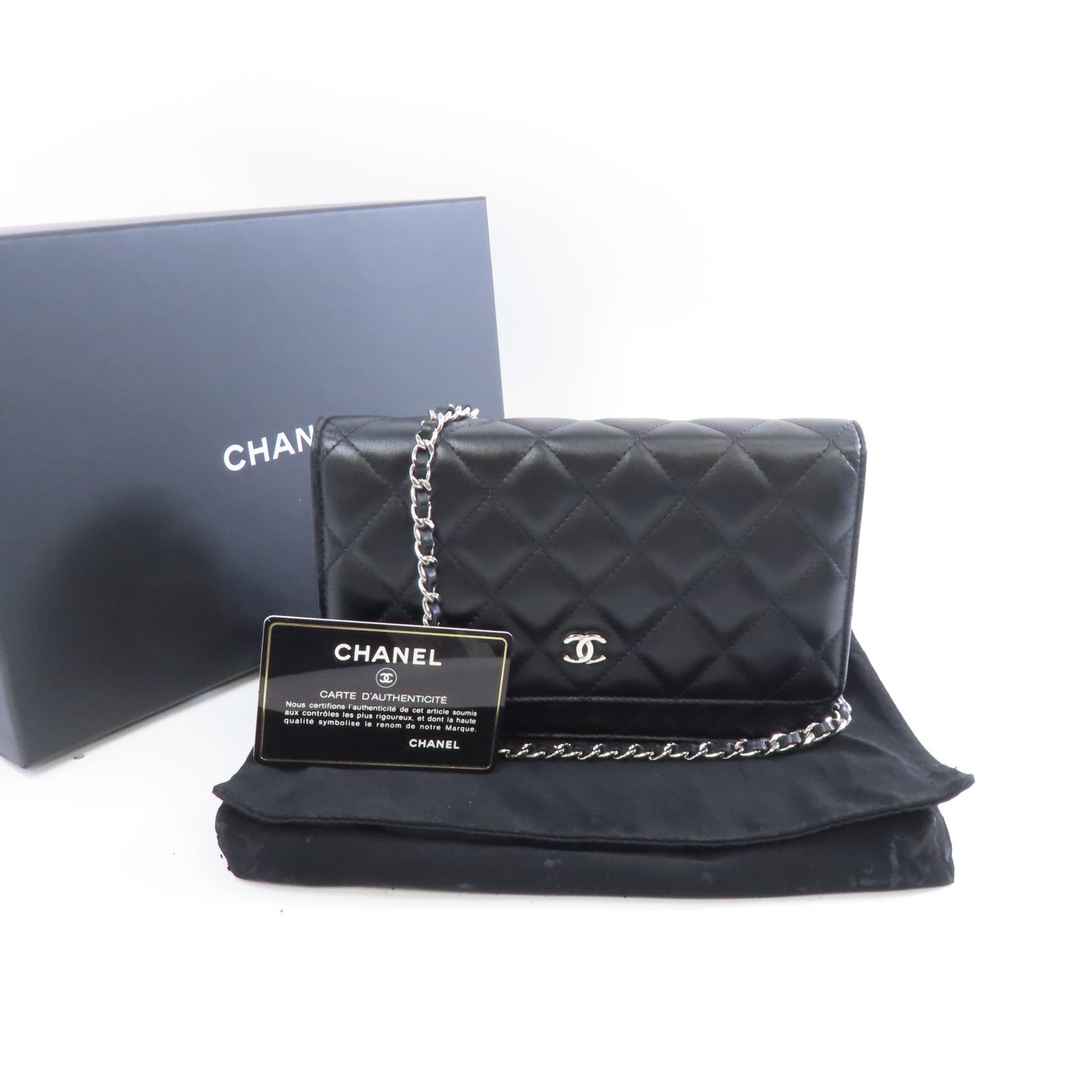 CHANEL 菱格羊皮皮革Wallet On Chain Shoulder Bag銀扣鏈帶肩背袋黑色