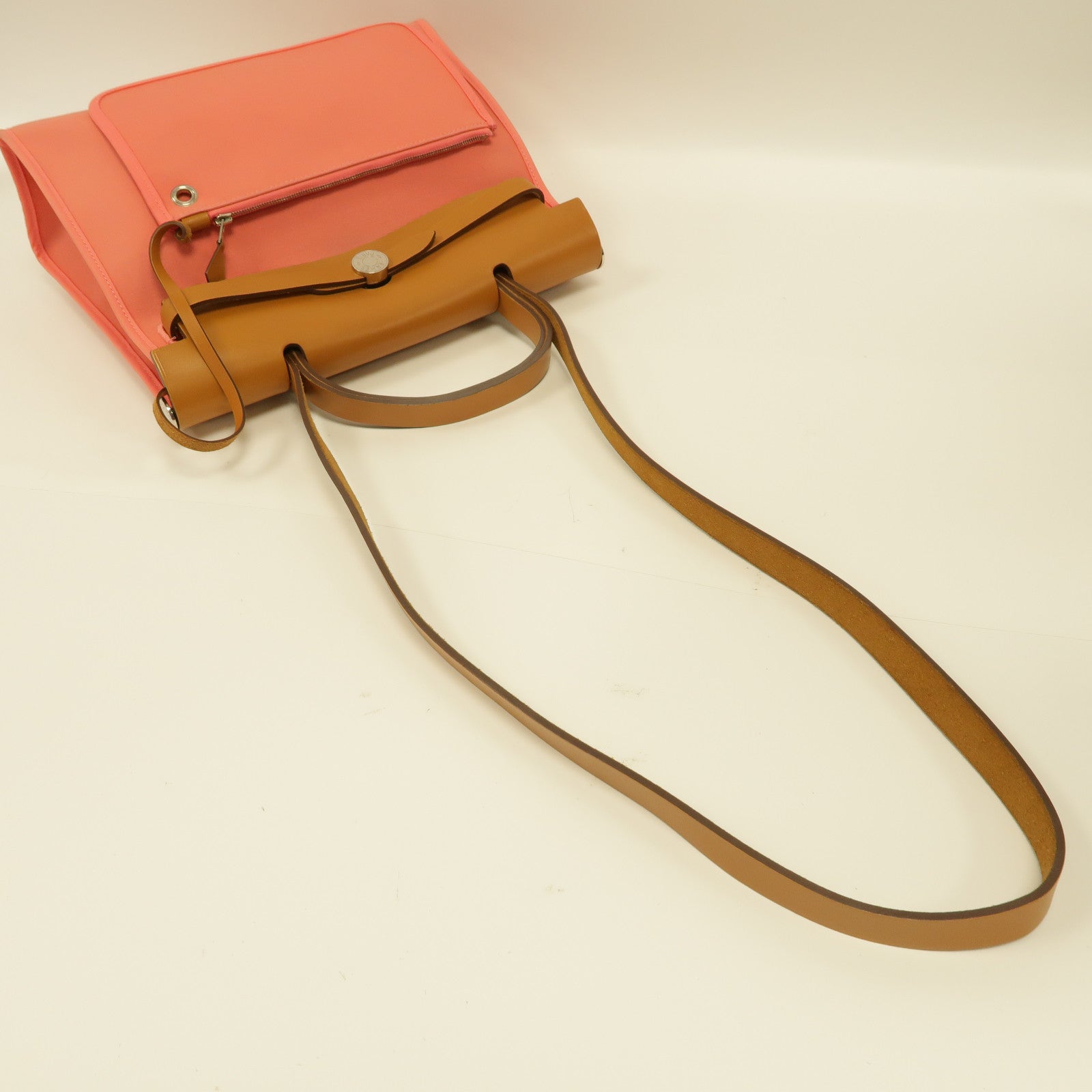 HERMES 帆布Herbag PM銀扣手挽肩背兩用袋粉紅色