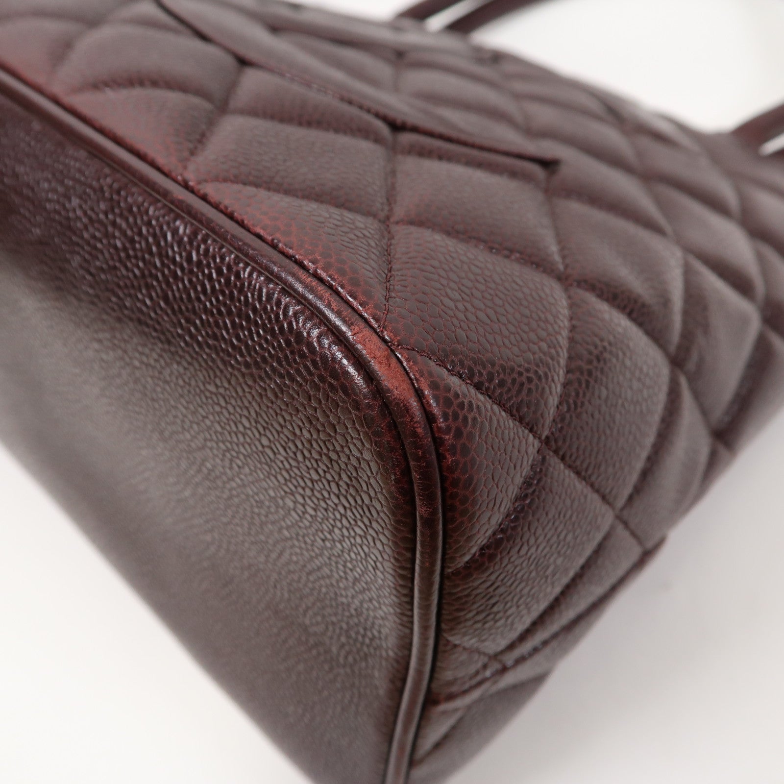 CHANEL 【激減優惠】菱格牛皮皮革Handbag銀扣手挽袋酒紅色
