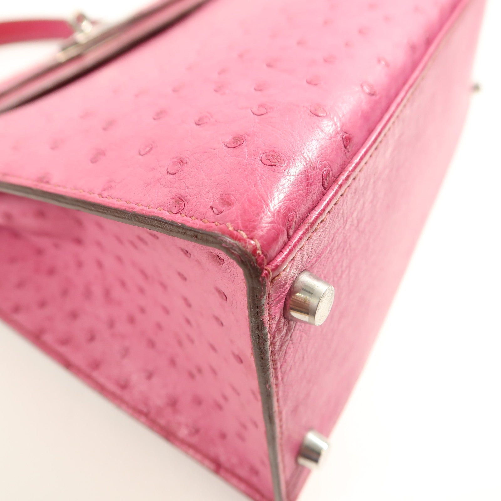 HERMES 【激減優惠】鴕鳥皮革Kelly 28銀扣手挽袋Fuchsia Pink