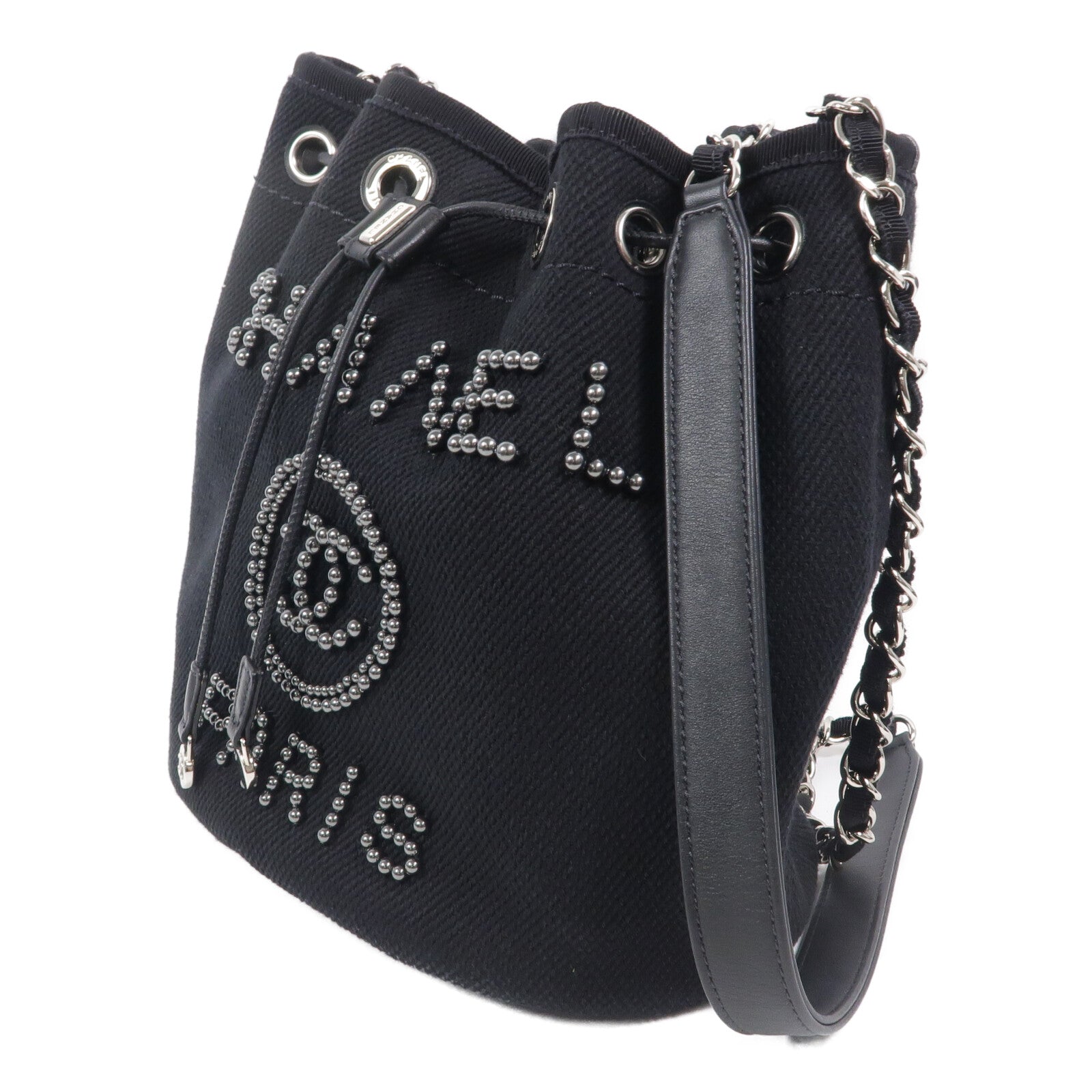 CHANEL 帆布Deauville Drawsting Bucket鏈帶肩背袋