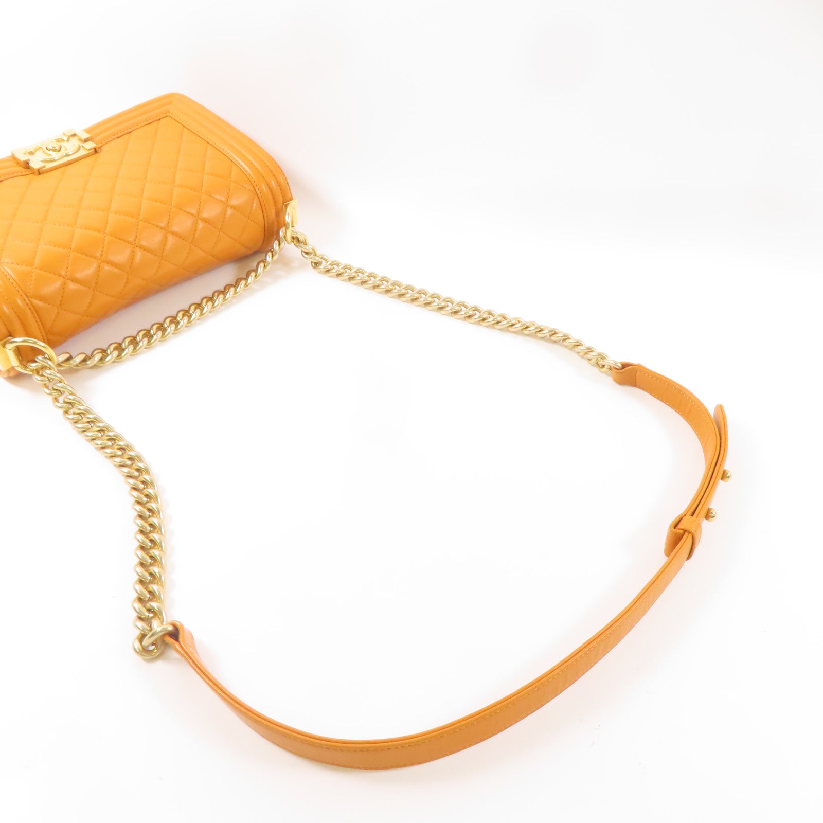 CHANEL 羊皮皮革Boy 25金扣鏈帶肩背袋橙色