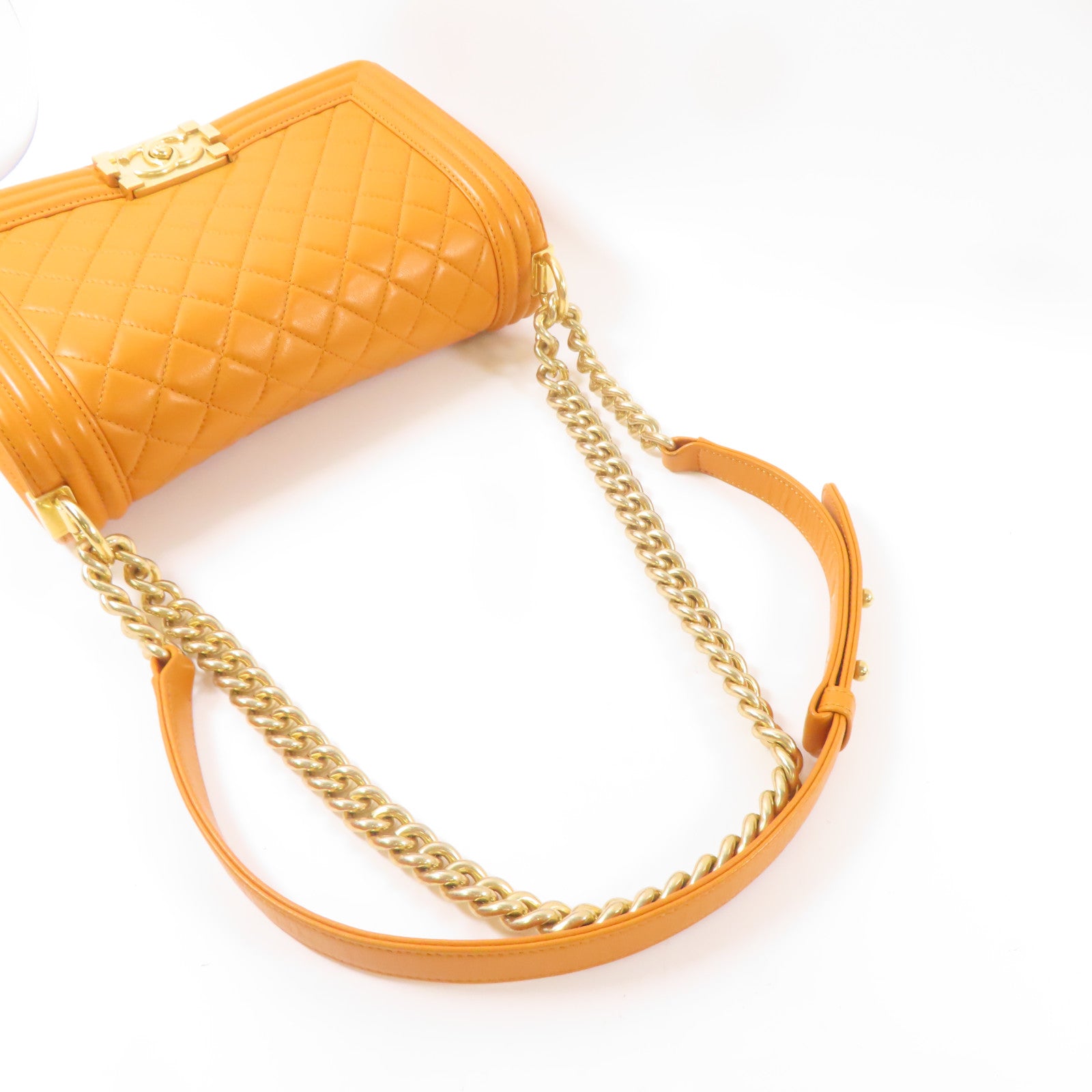 CHANEL 羊皮皮革Boy 25金扣鏈帶肩背袋橙色