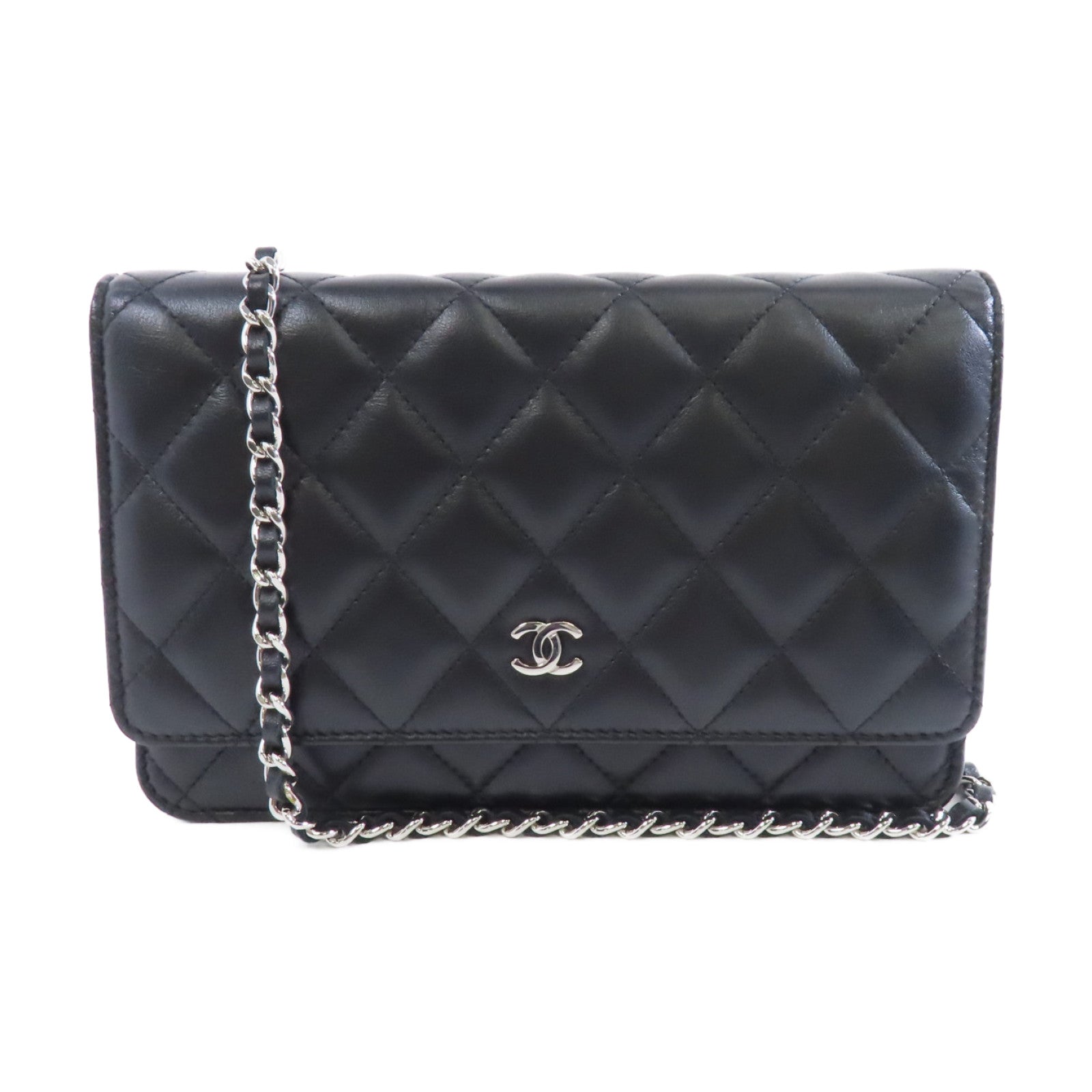 CHANEL 菱格羊皮皮革Wallet On Chain Shoulder Bag銀扣鏈帶肩背袋黑色