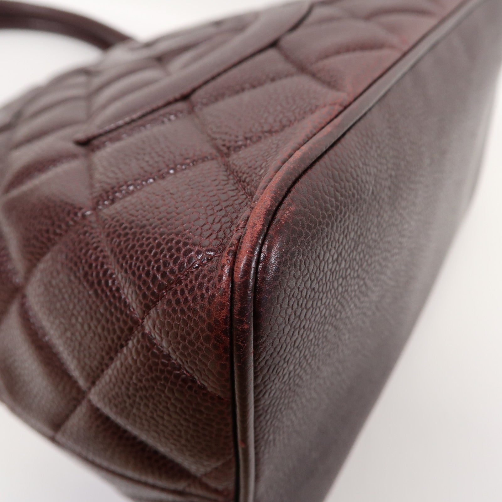 CHANEL 【激減優惠】菱格牛皮皮革Handbag銀扣手挽袋酒紅色