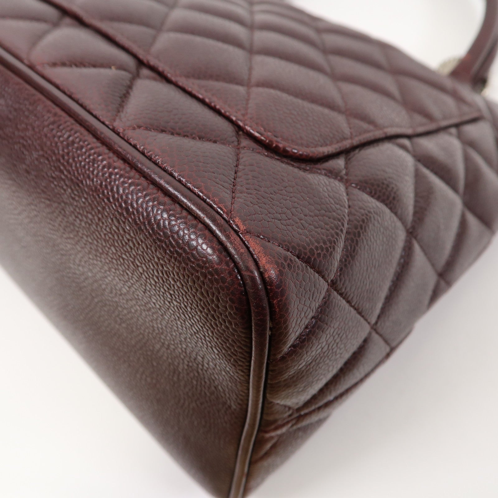 CHANEL 【激減優惠】菱格牛皮皮革Handbag銀扣手挽袋酒紅色