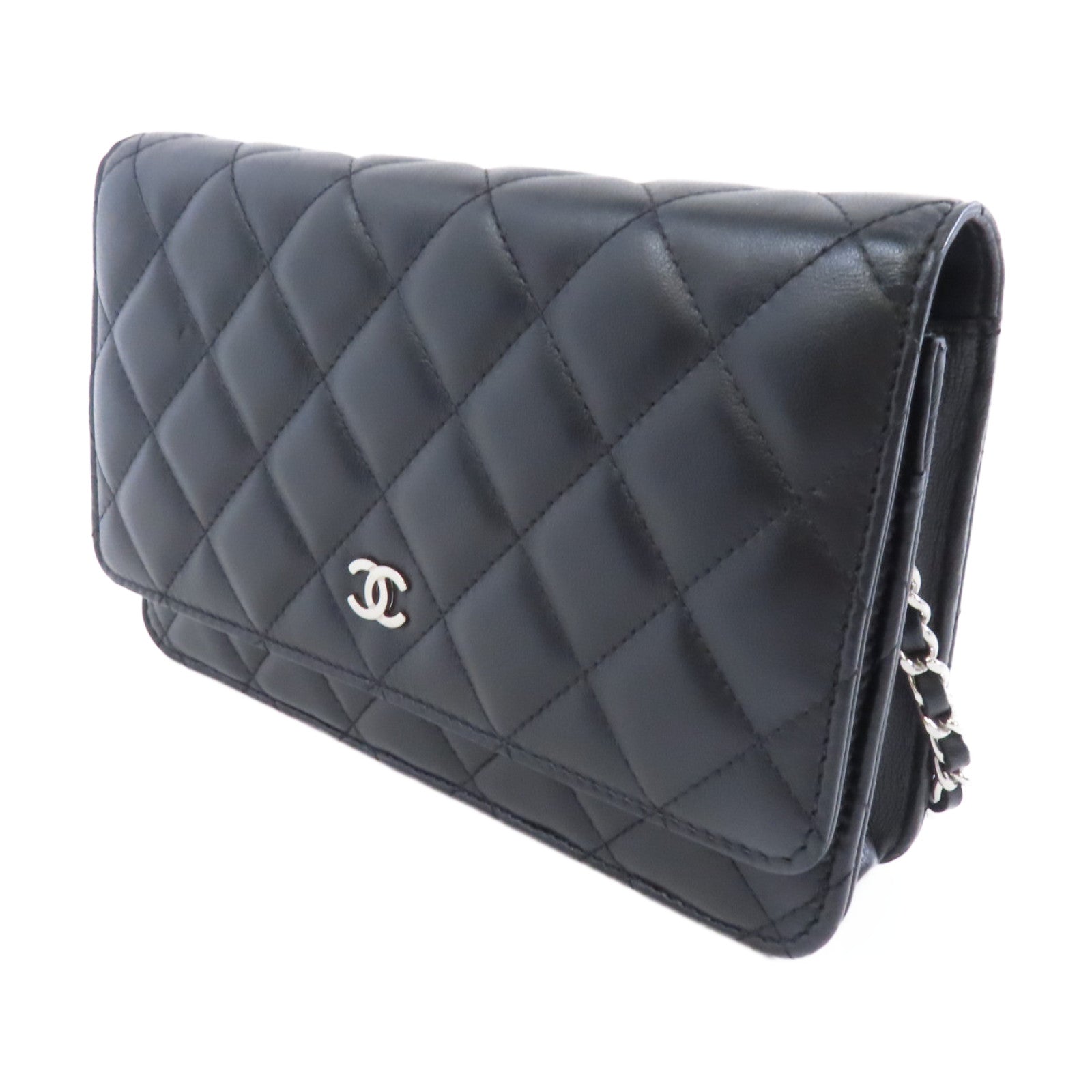 CHANEL 菱格羊皮皮革Wallet On Chain Shoulder Bag銀扣鏈帶肩背袋黑色
