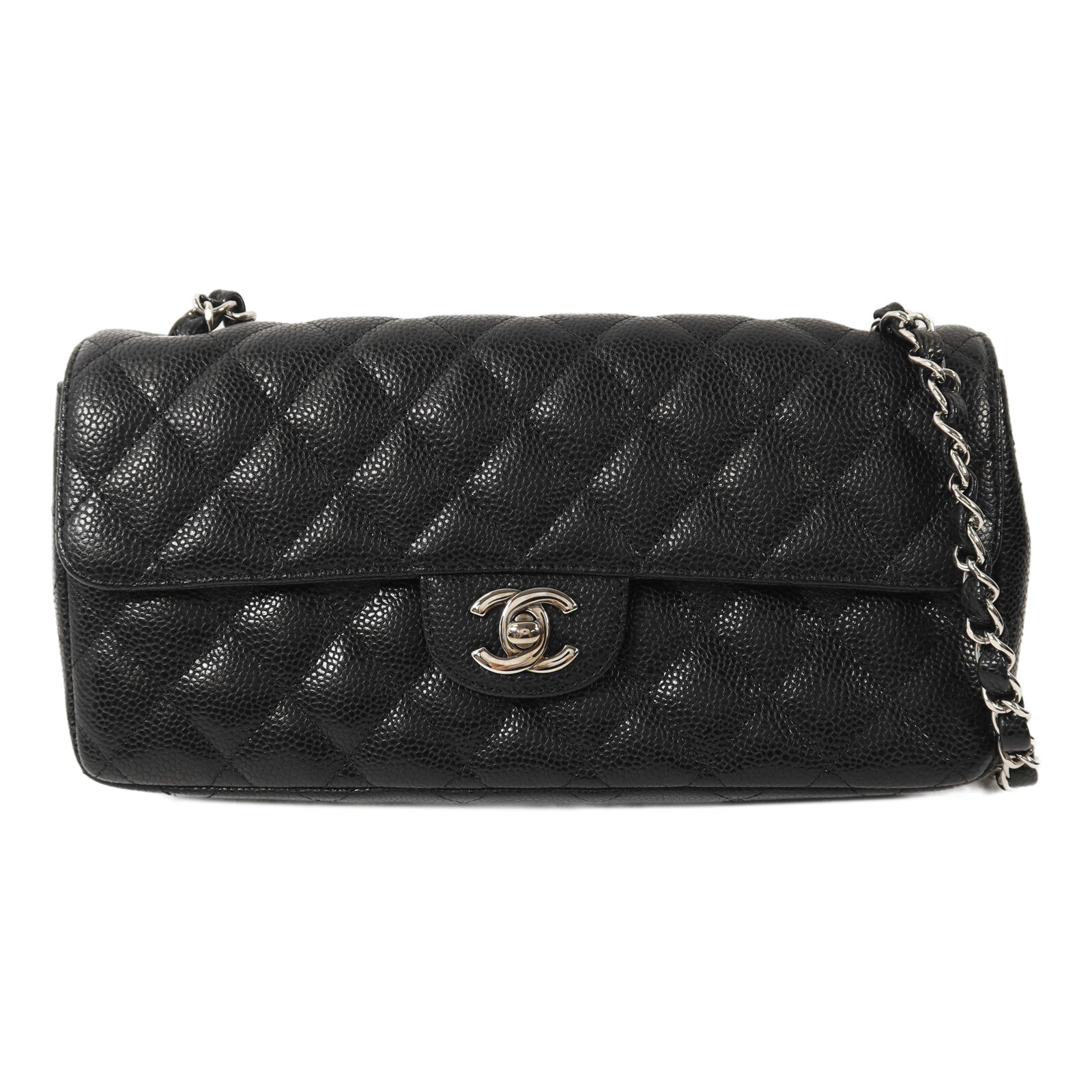CHANEL 牛皮皮革Classic East West Baguette Bag銀扣鏈帶肩背袋