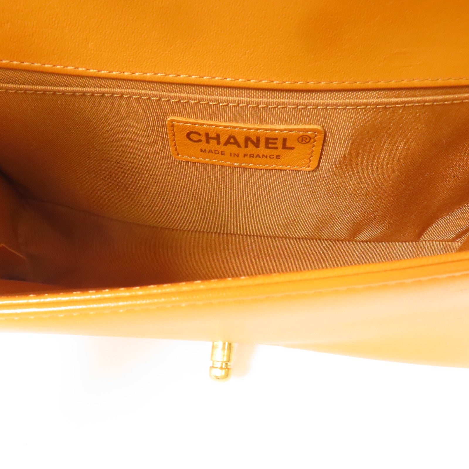 CHANEL 羊皮皮革Boy 25金扣鏈帶肩背袋橙色