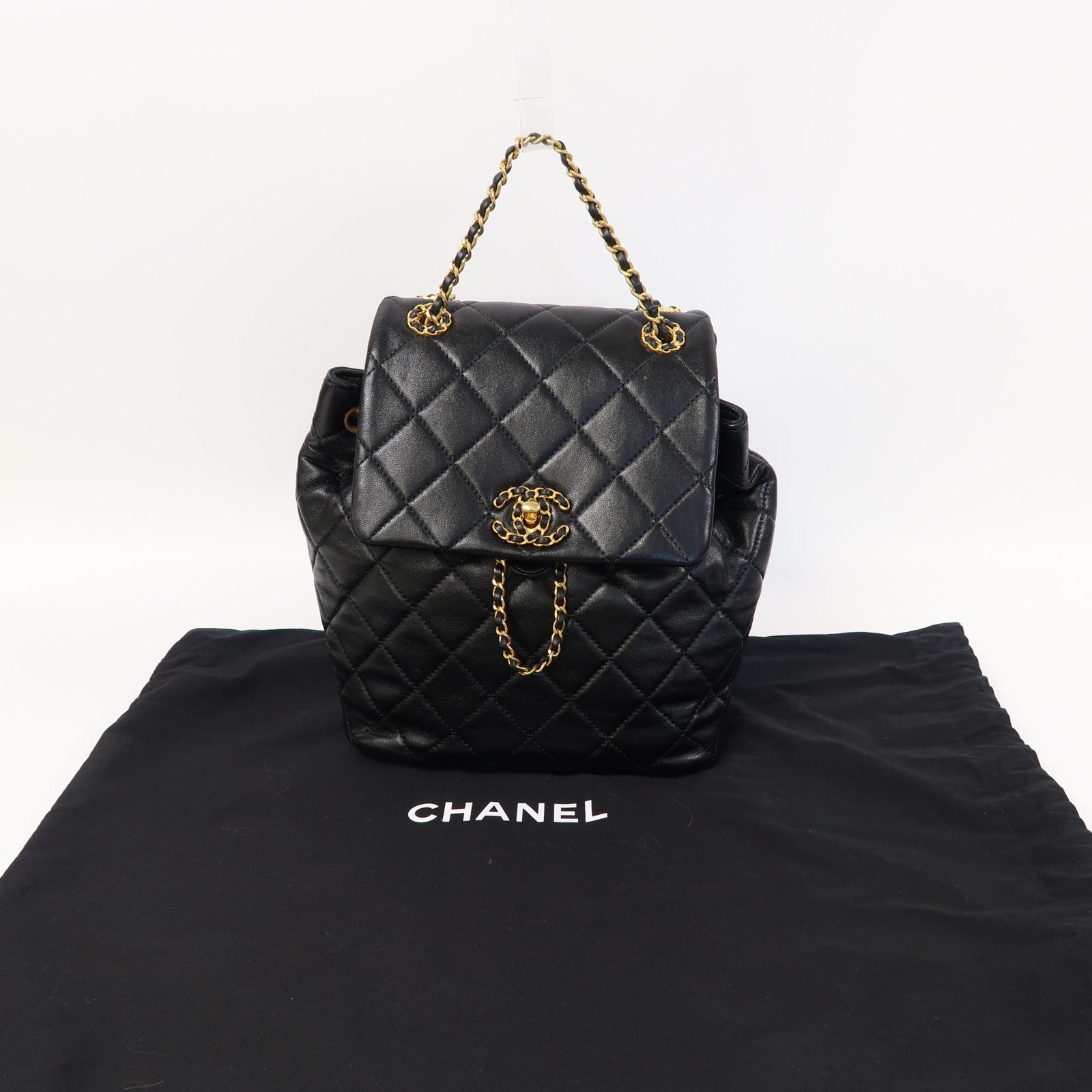 CHANEL 【激減優惠】菱格牛皮皮革Backpack金扣背包黑色