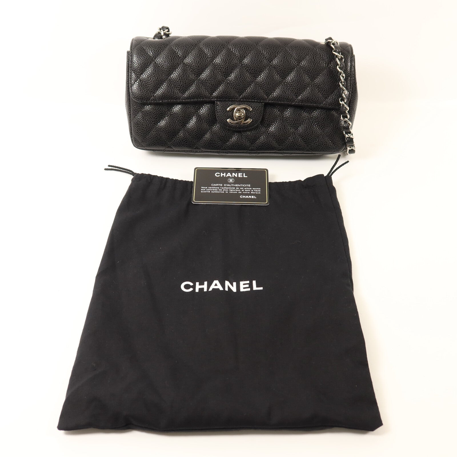 CHANEL 牛皮皮革Classic East West Baguette Bag銀扣鏈帶肩背袋