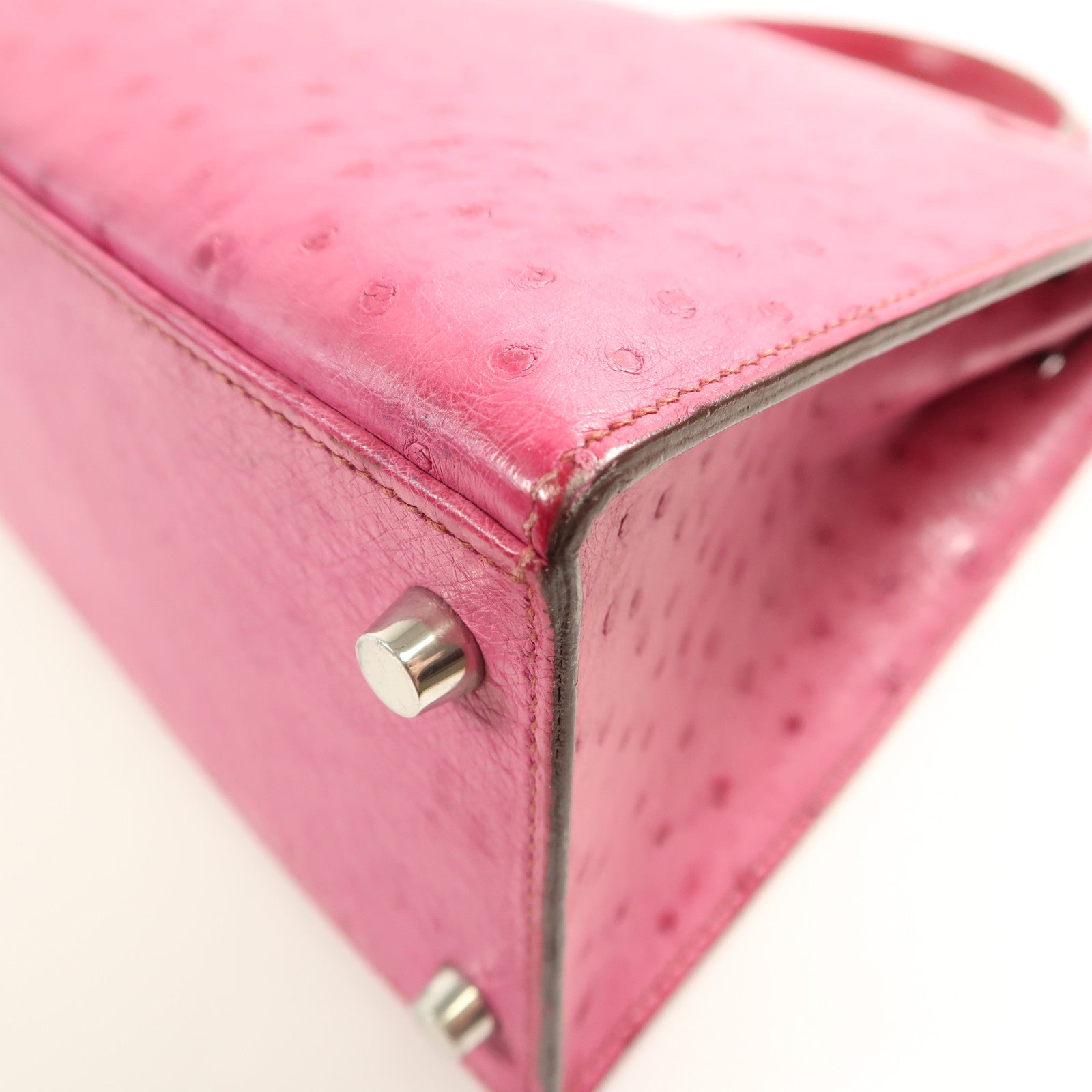 HERMES 【激減優惠】鴕鳥皮革Kelly 28銀扣手挽袋Fuchsia Pink