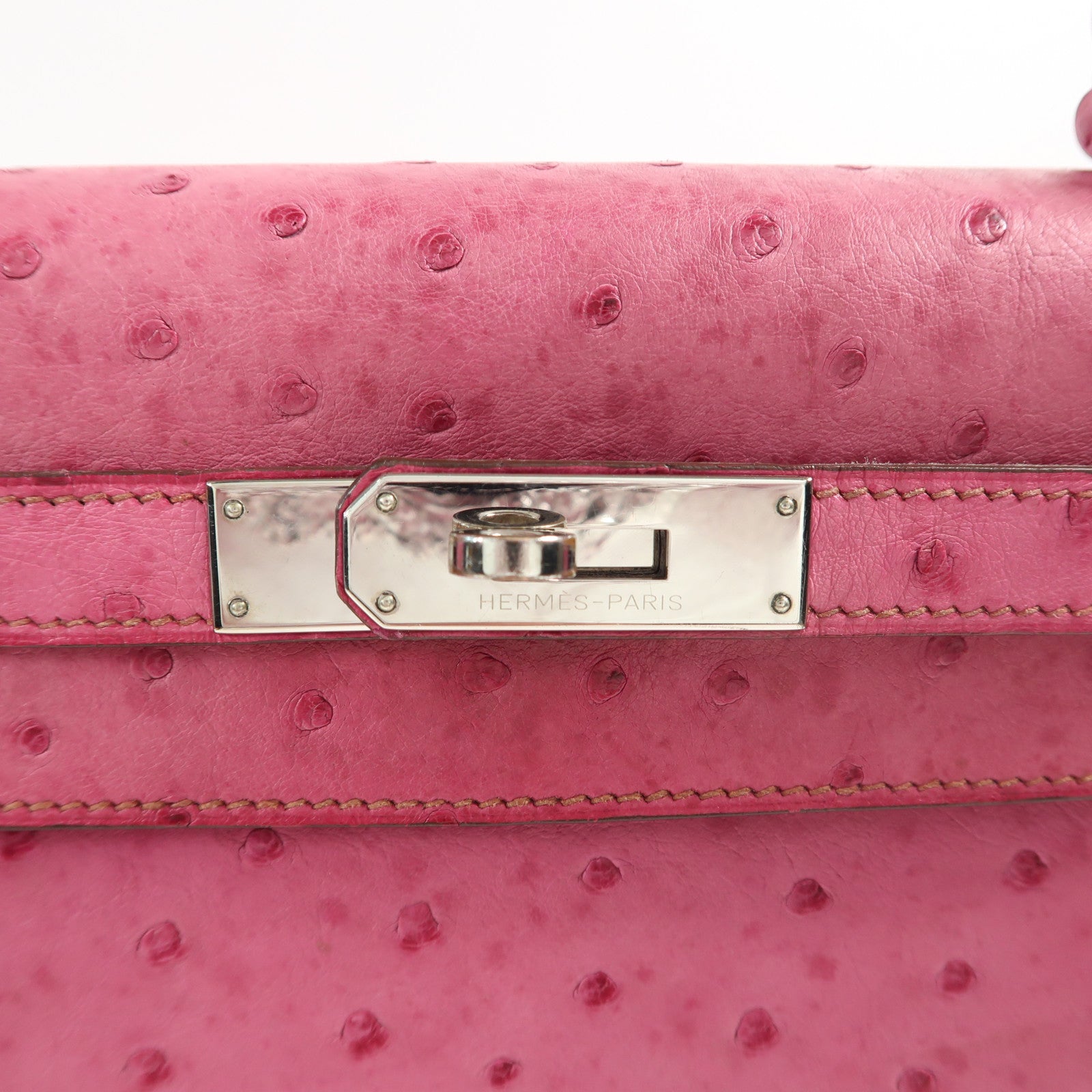 HERMES 【激減優惠】鴕鳥皮革Kelly 28銀扣手挽袋Fuchsia Pink