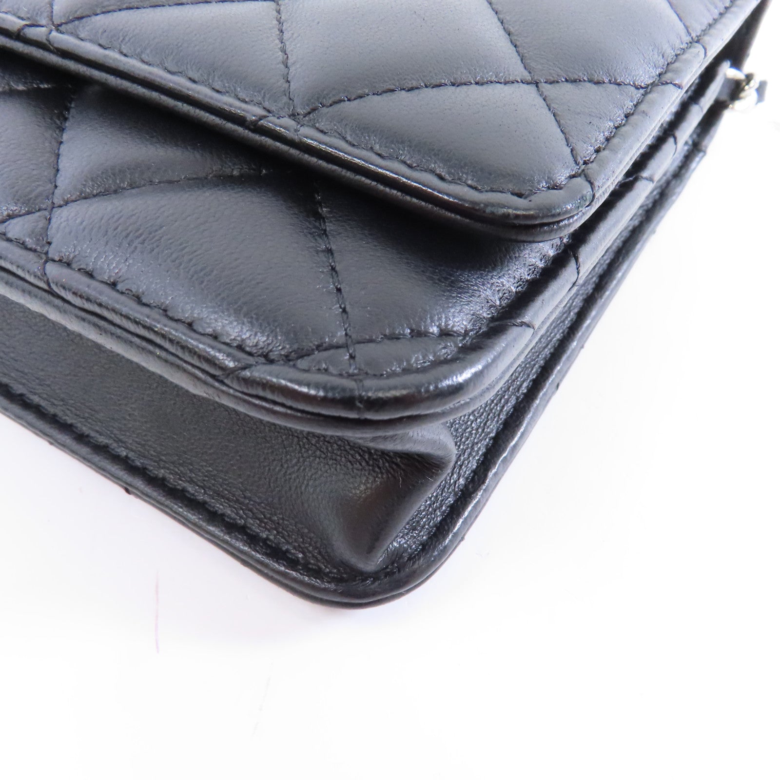 CHANEL 菱格羊皮皮革Wallet On Chain Shoulder Bag銀扣鏈帶肩背袋黑色