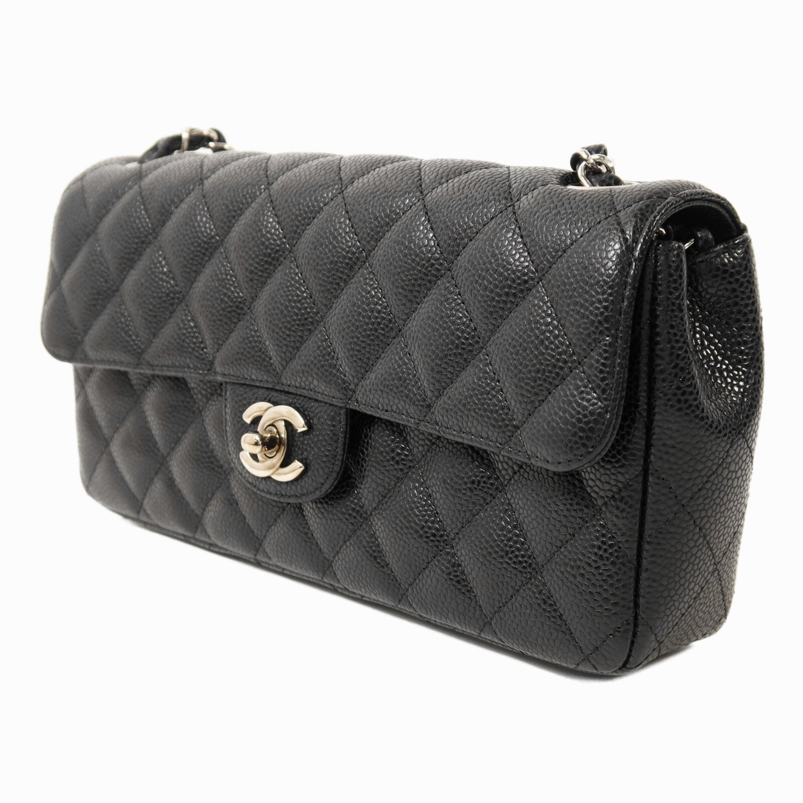 CHANEL 牛皮皮革Classic East West Baguette Bag銀扣鏈帶肩背袋