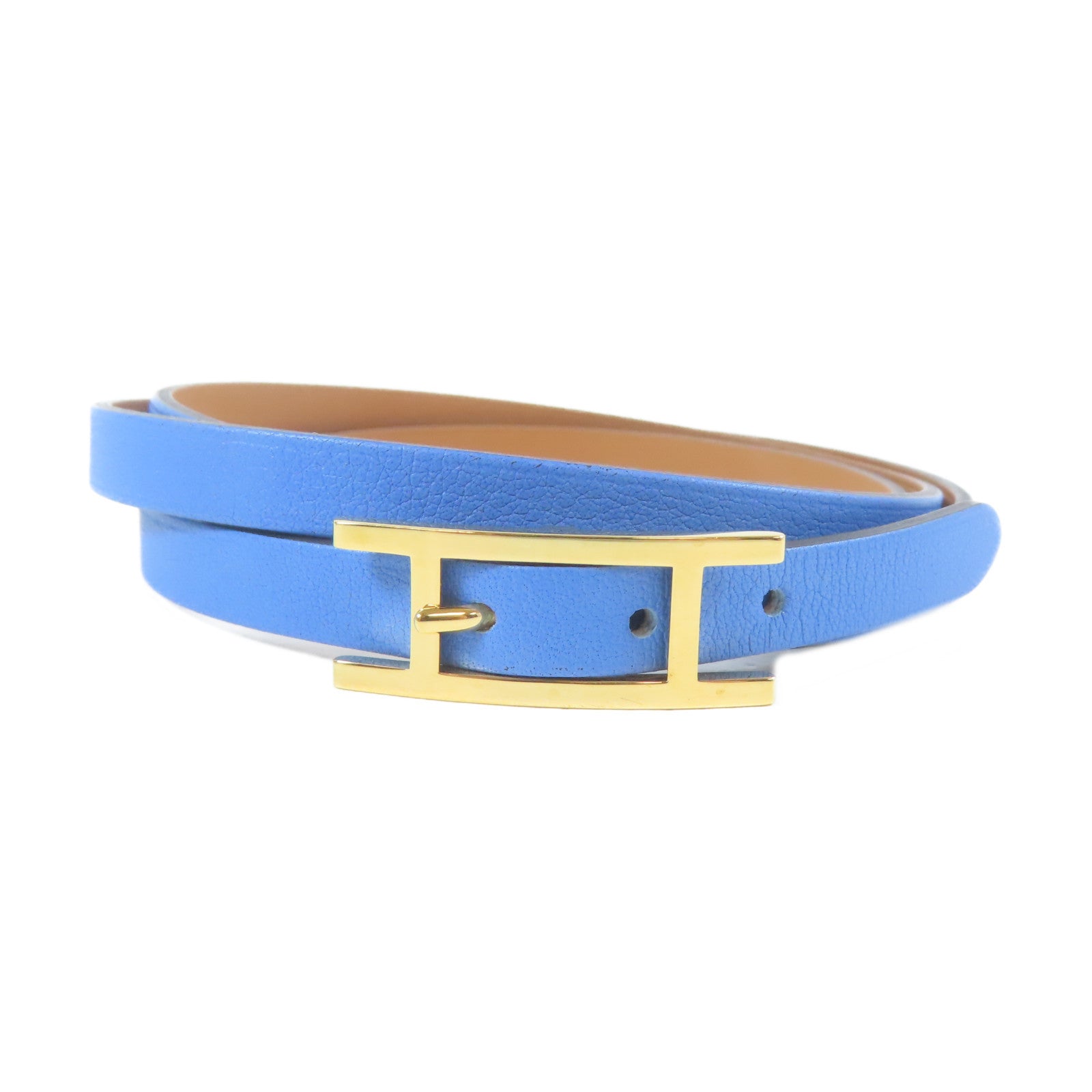 HERMES 皮革Bangle金扣手鐲藍色#21.5cm