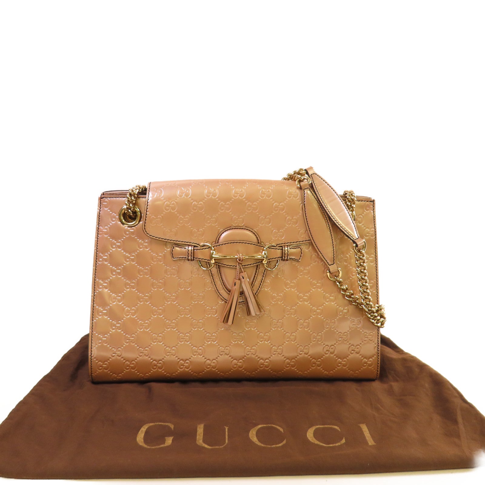 GUCCI 【激減優惠】漆皮皮革Guccissima Emily Chain Shoulder Bag金扣鏈帶肩背袋閃亮粉紅色