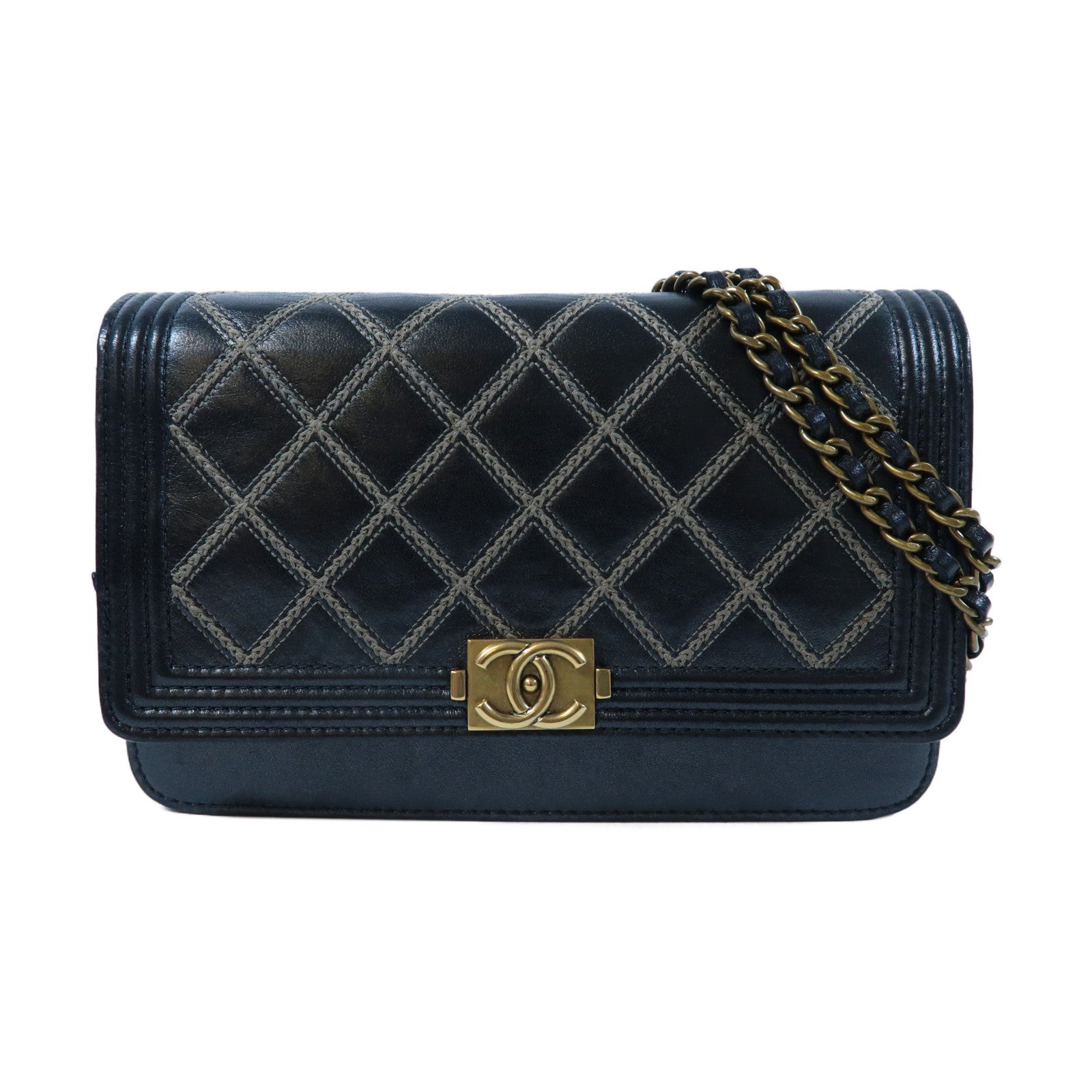CHANEL 【激減優惠】菱格牛皮皮革Wallet On Chain金扣鏈帶肩背袋黑色