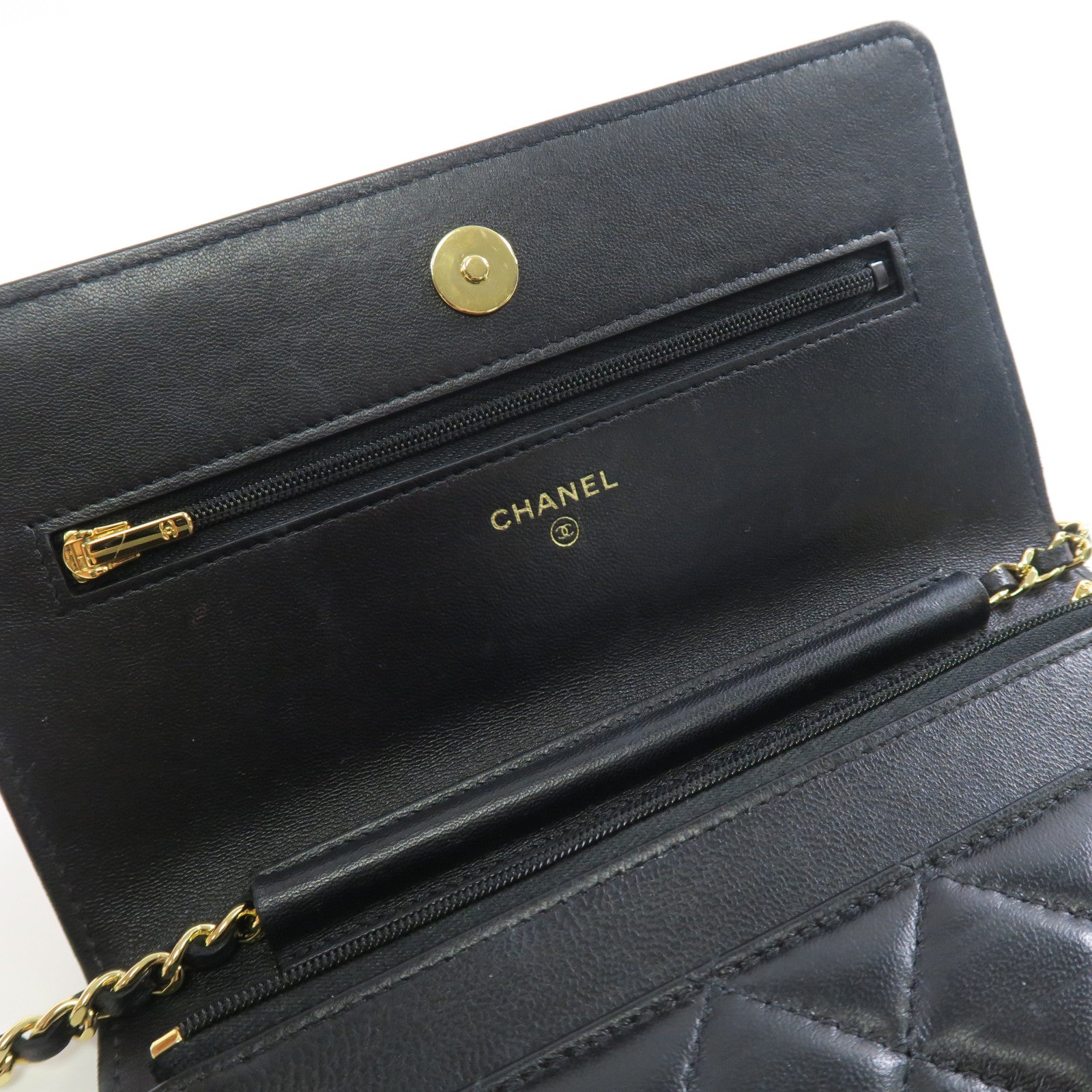 CHANEL 羊皮皮革Wallet On Chain金扣鏈帶肩背袋黑色
