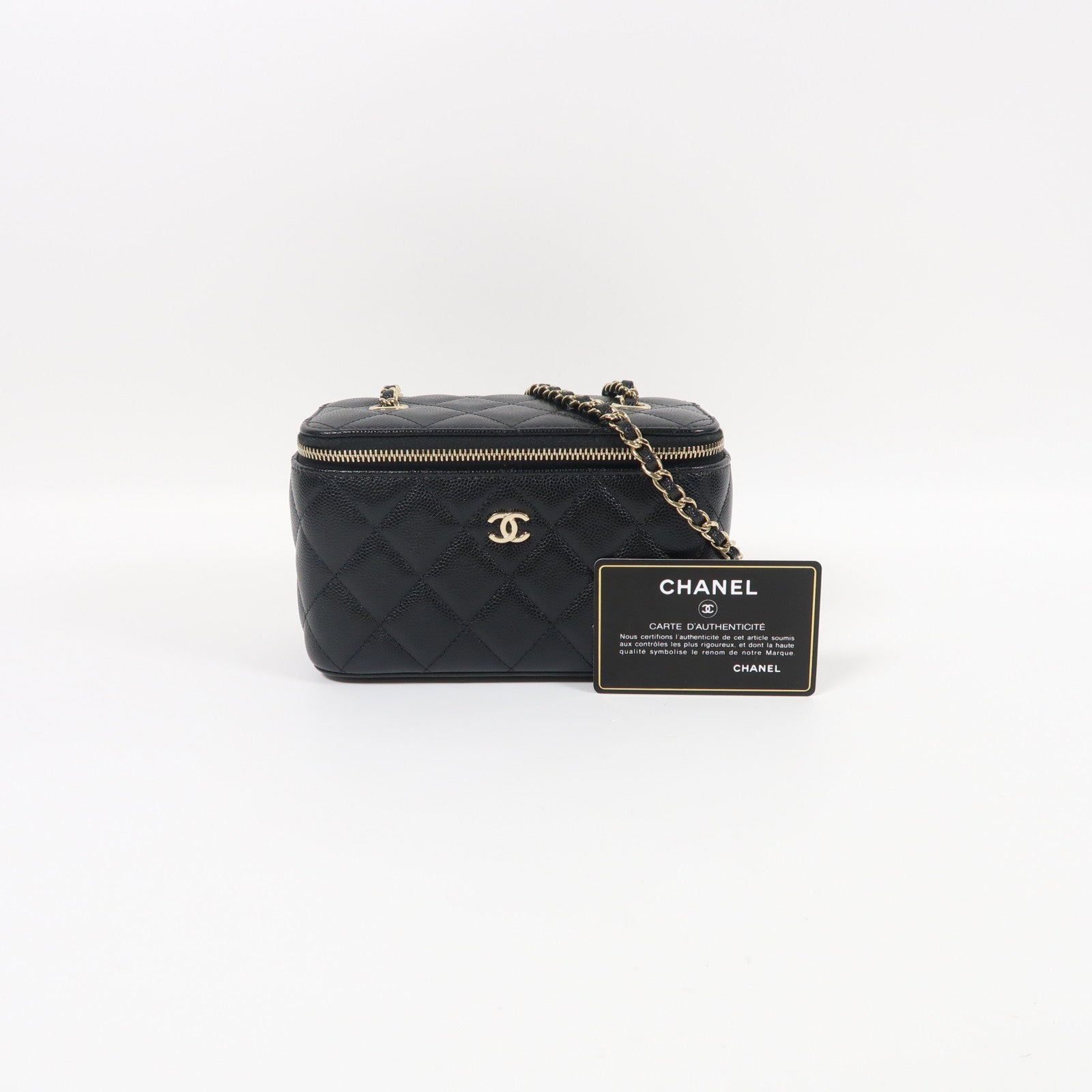 CHANEL 牛皮皮革Vanity Case金扣鏈帶肩背袋黑色