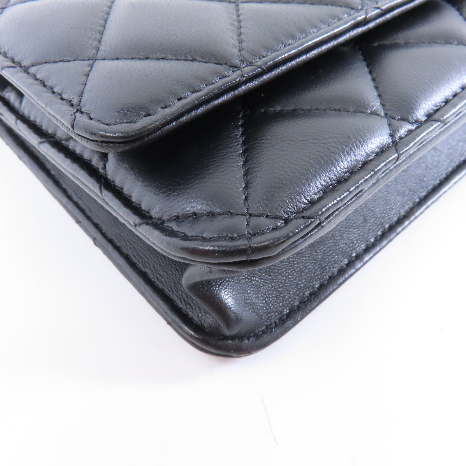 CHANEL 菱格羊皮皮革Wallet On Chain Shoulder Bag銀扣鏈帶肩背袋黑色