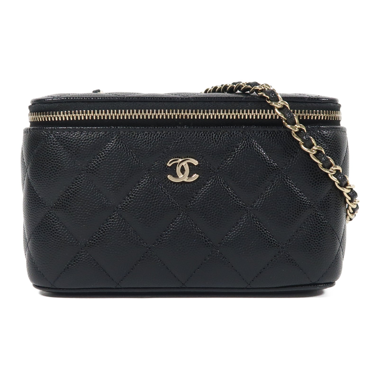 CHANEL 牛皮皮革Vanity Case金扣鏈帶肩背袋黑色