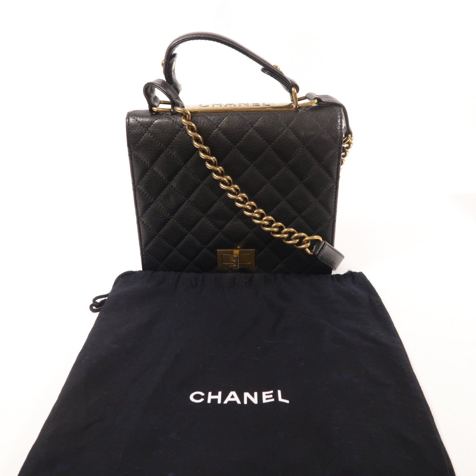 CHANEL CC GHW 2.55 Shoulder Bag 2Way Chain Calfskin Leather Black