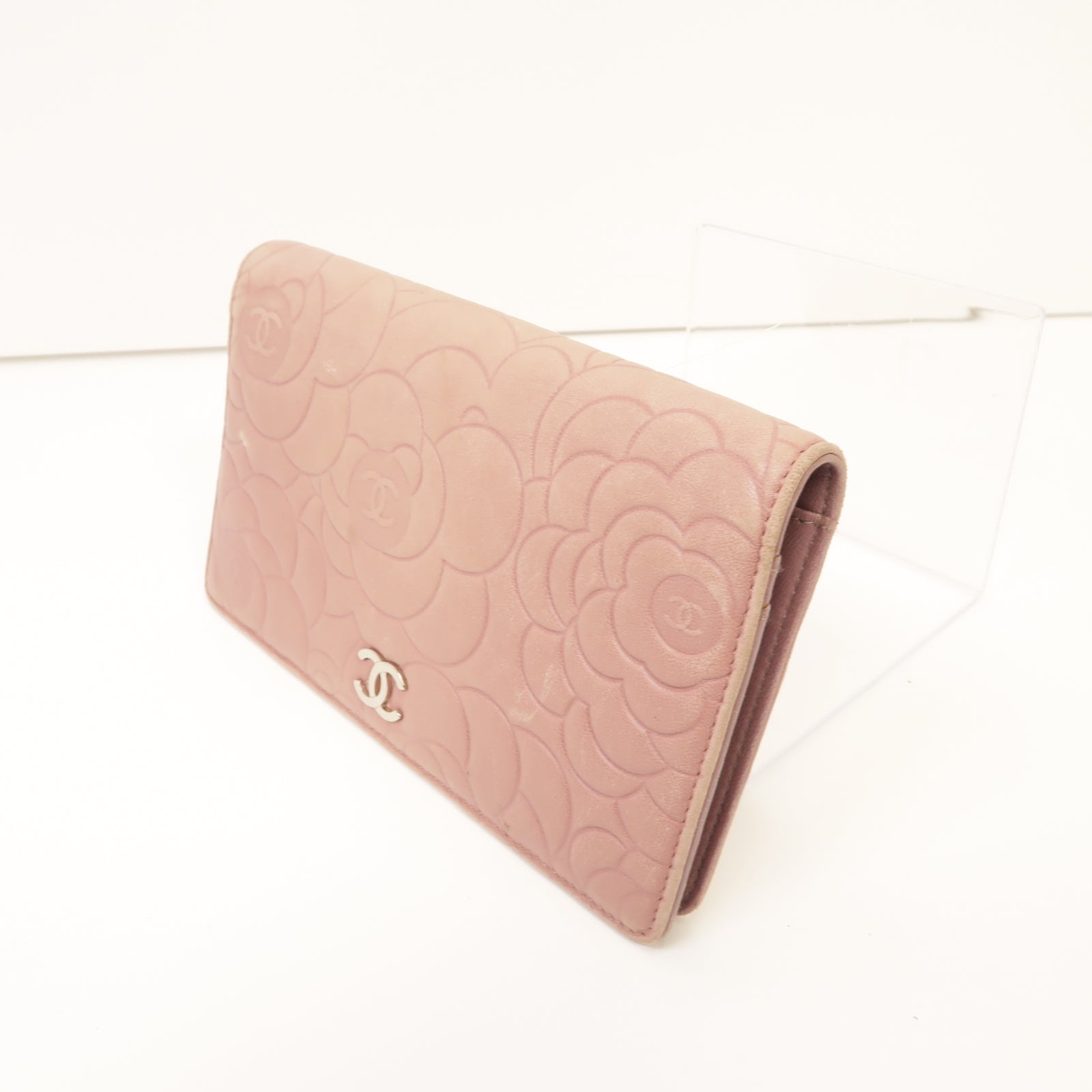 CHANEL 【激減優惠】羊皮皮革Long Wallet銀扣長錢包粉紅色