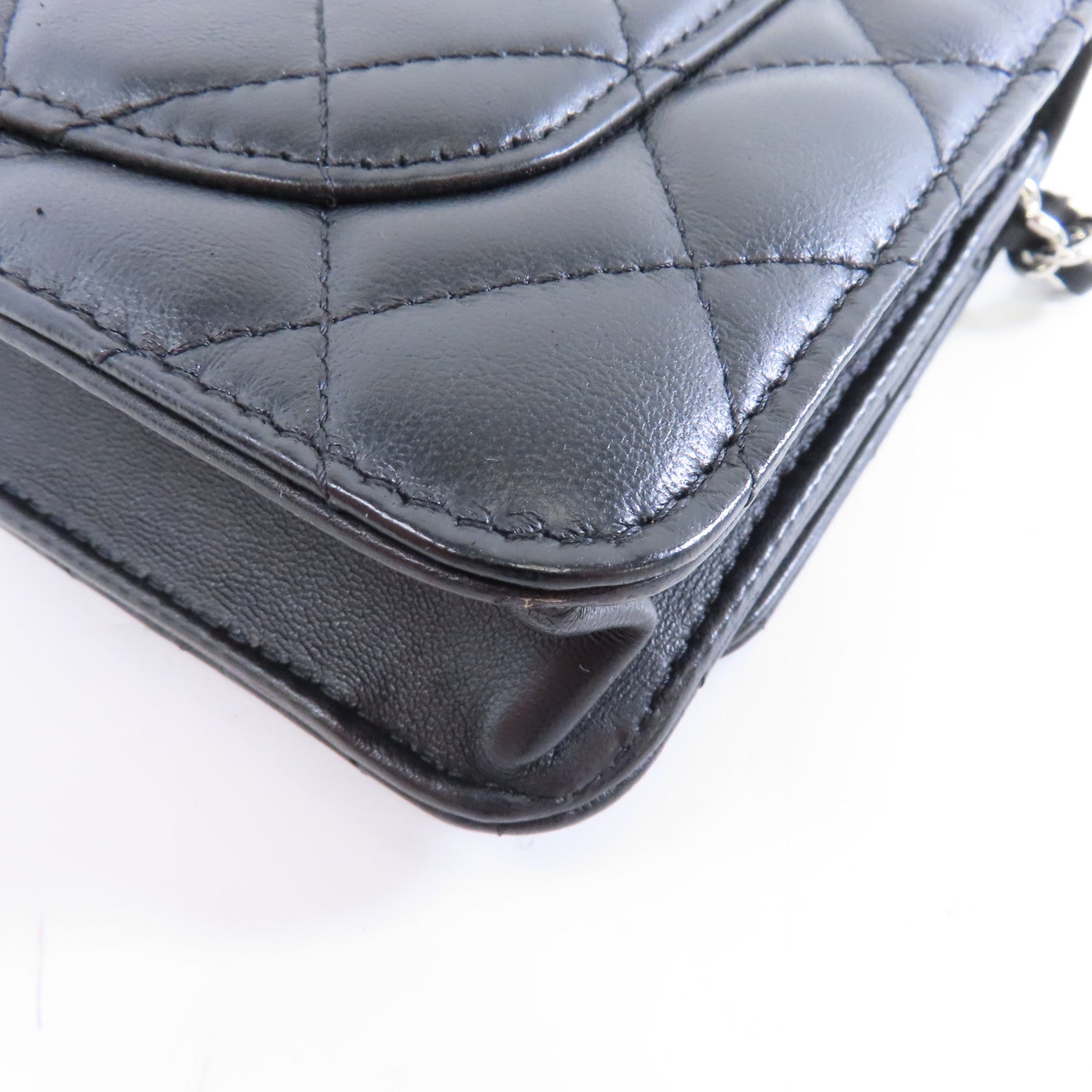 CHANEL 菱格羊皮皮革Wallet On Chain Shoulder Bag銀扣鏈帶肩背袋黑色