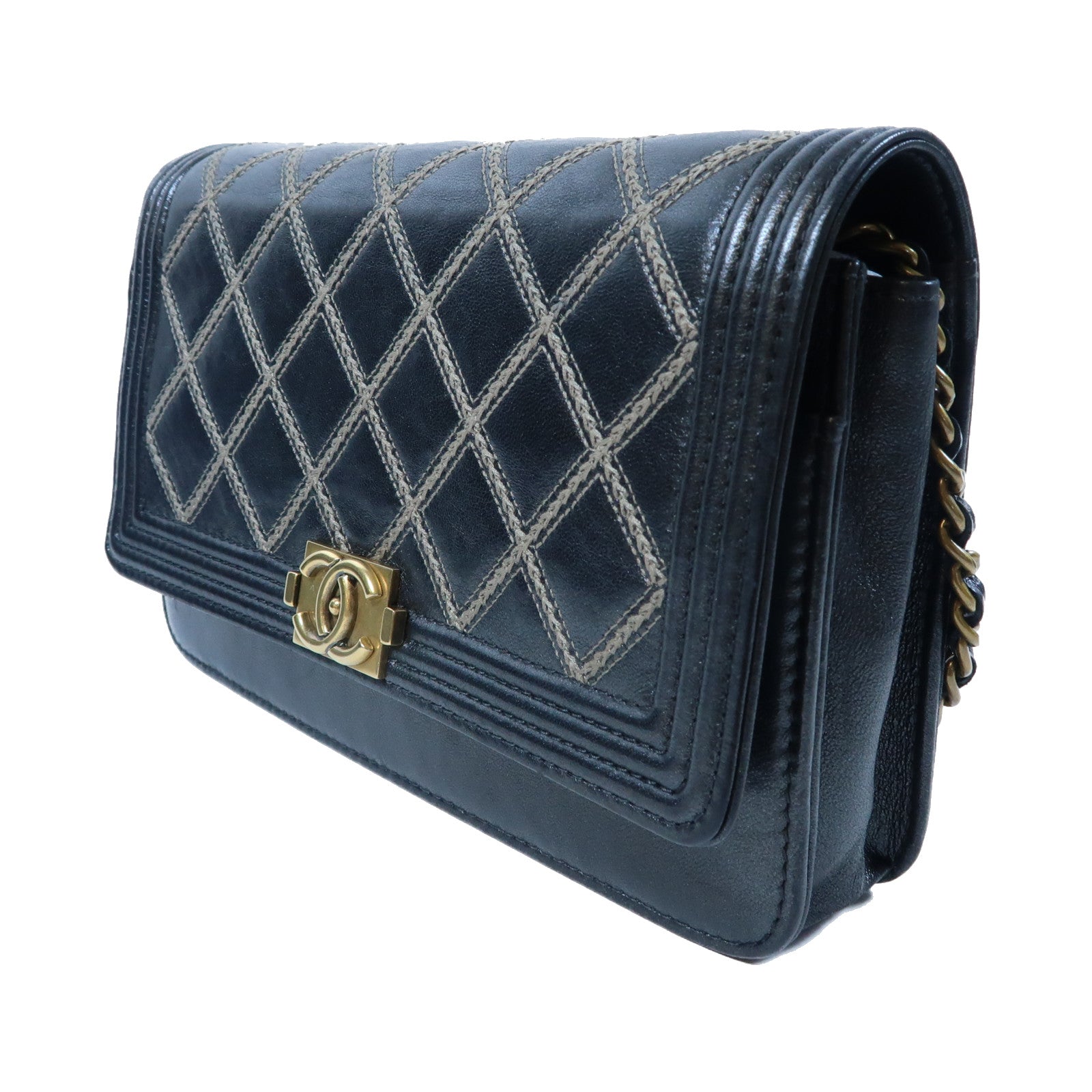 CHANEL 【激減優惠】菱格牛皮皮革Wallet On Chain金扣鏈帶肩背袋黑色