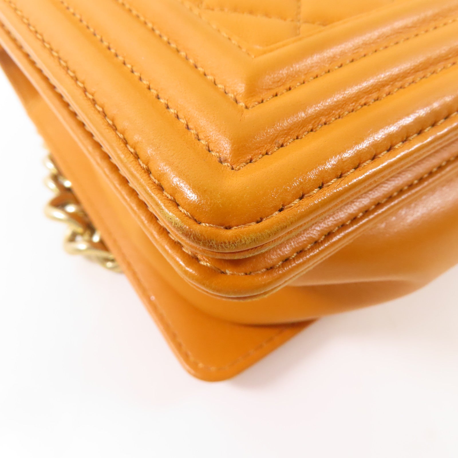 CHANEL 羊皮皮革Boy 25金扣鏈帶肩背袋橙色