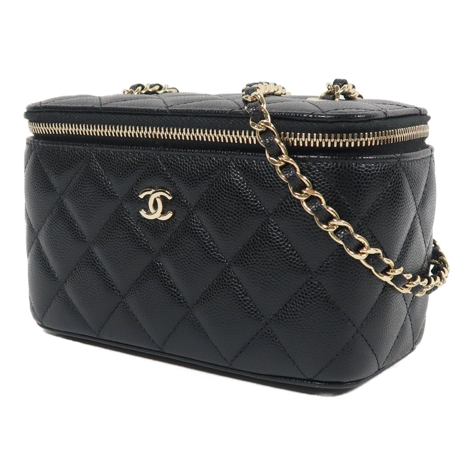 CHANEL 牛皮皮革Vanity Case金扣鏈帶肩背袋黑色
