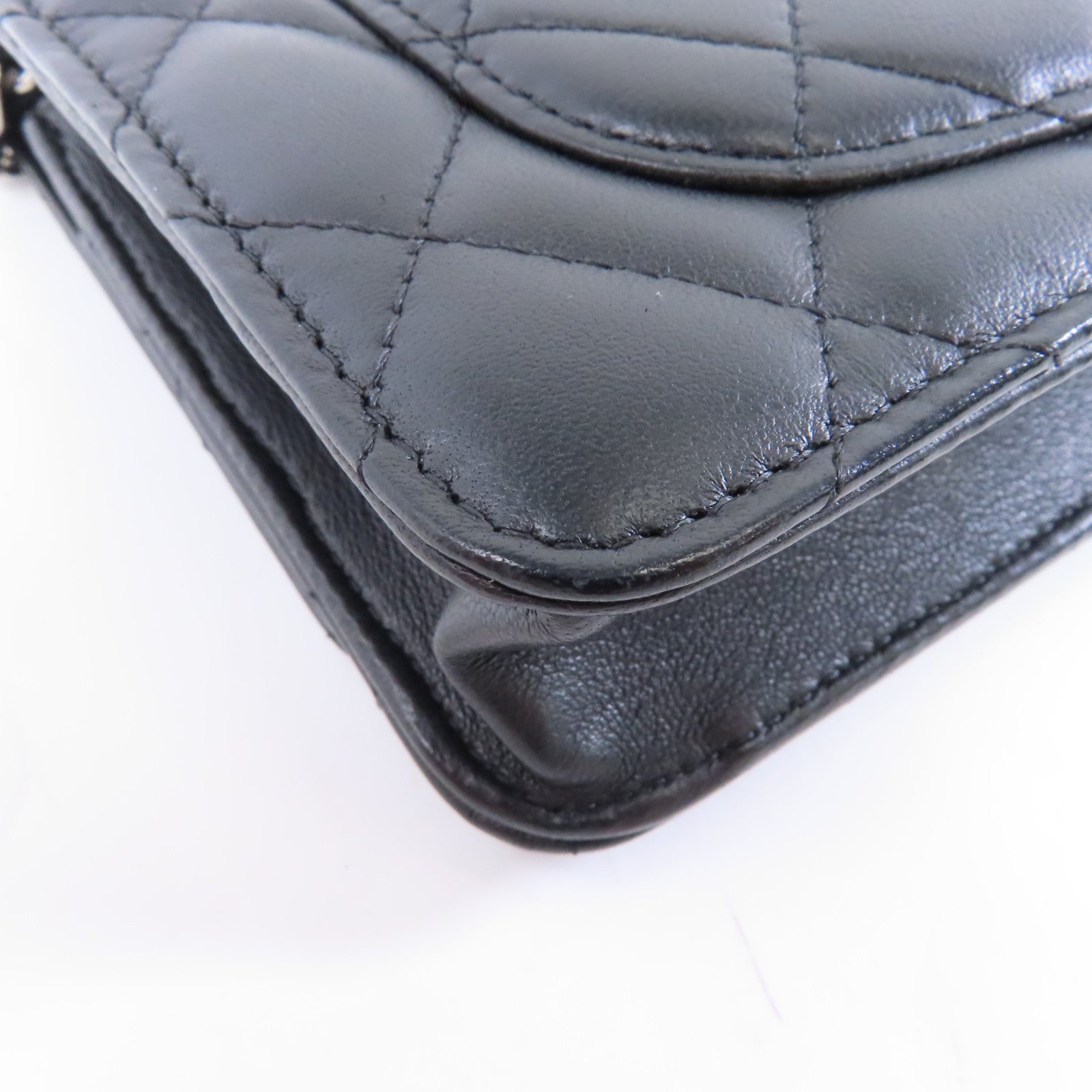 CHANEL 菱格羊皮皮革Wallet On Chain Shoulder Bag銀扣鏈帶肩背袋黑色