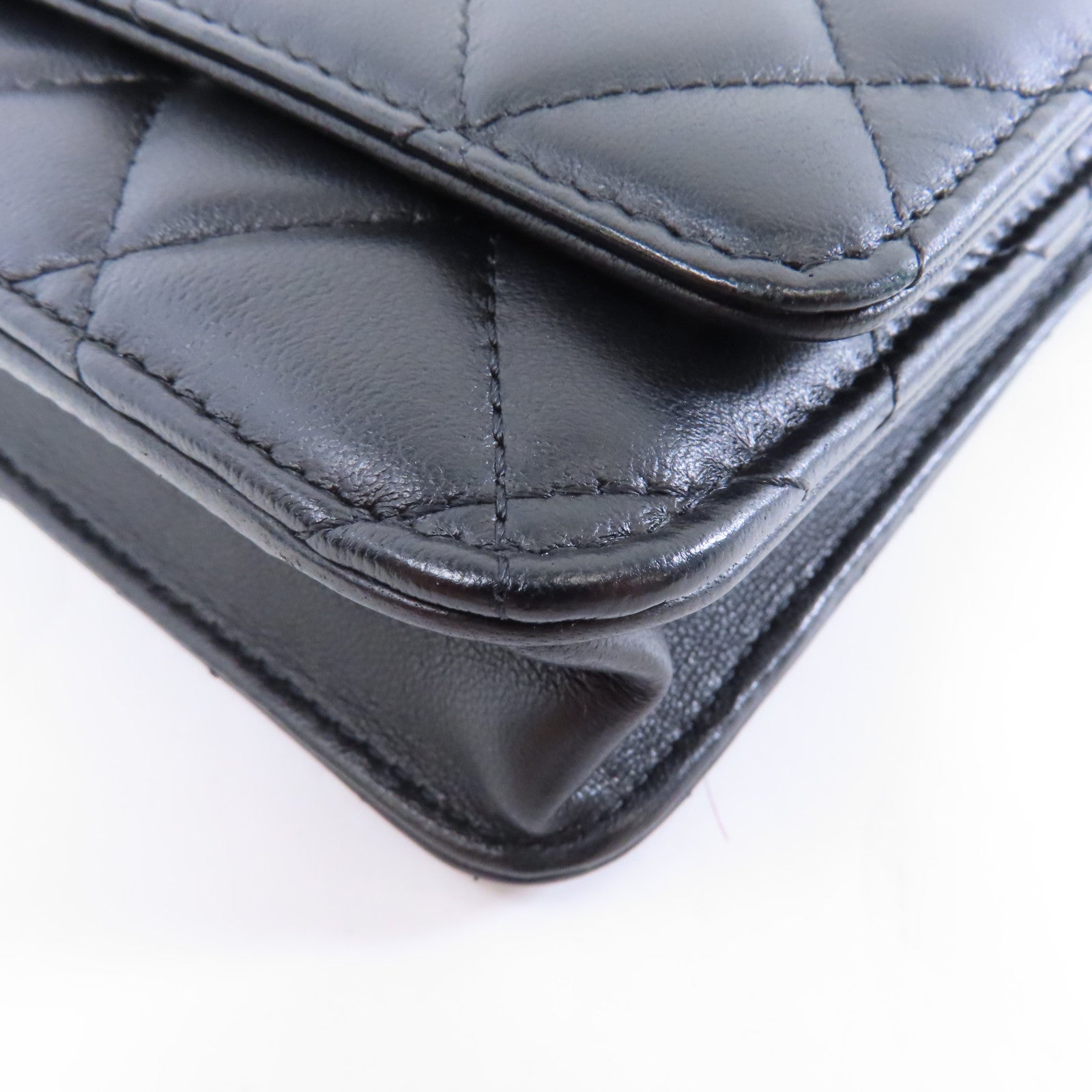 CHANEL 菱格羊皮皮革Wallet On Chain Shoulder Bag銀扣鏈帶肩背袋黑色