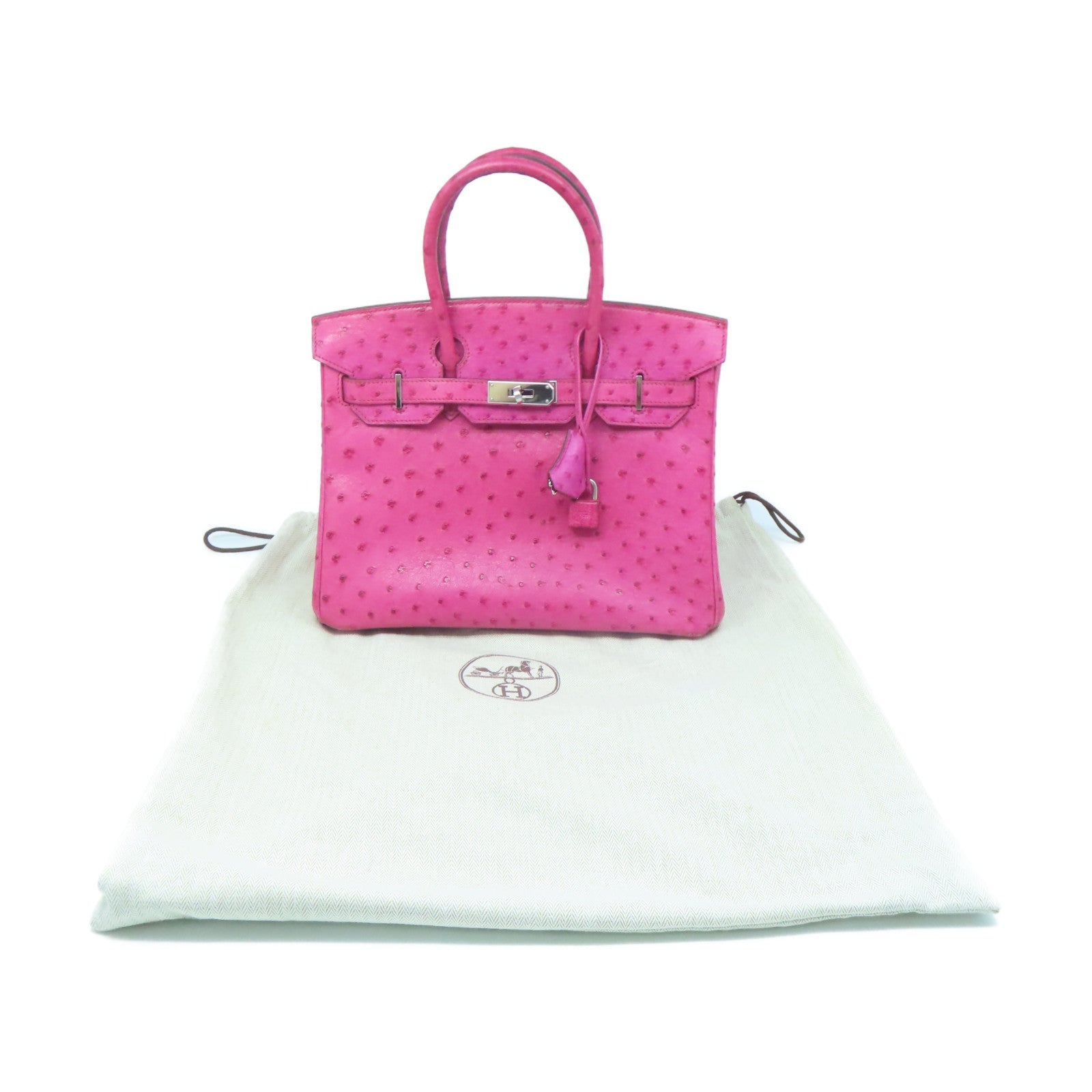 HERMES Ostrich Leather Birkin 30 Silver Buckle Hand Bag Pink