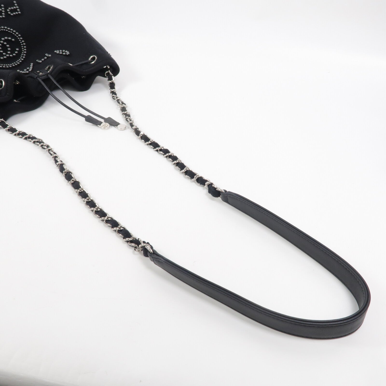 CHANEL 帆布Deauville Drawsting Bucket鏈帶肩背袋