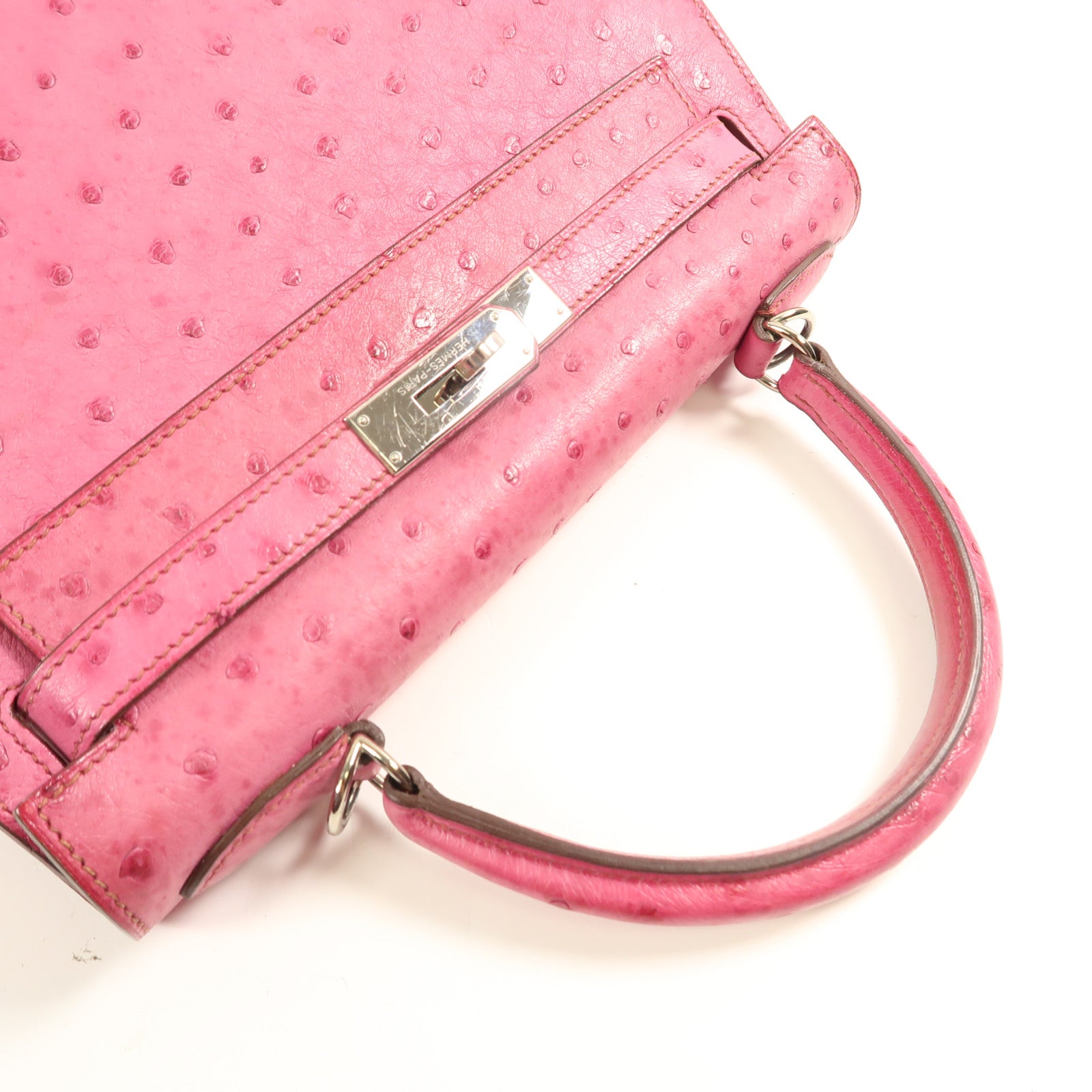 HERMES 【激減優惠】鴕鳥皮革Kelly 28銀扣手挽袋Fuchsia Pink